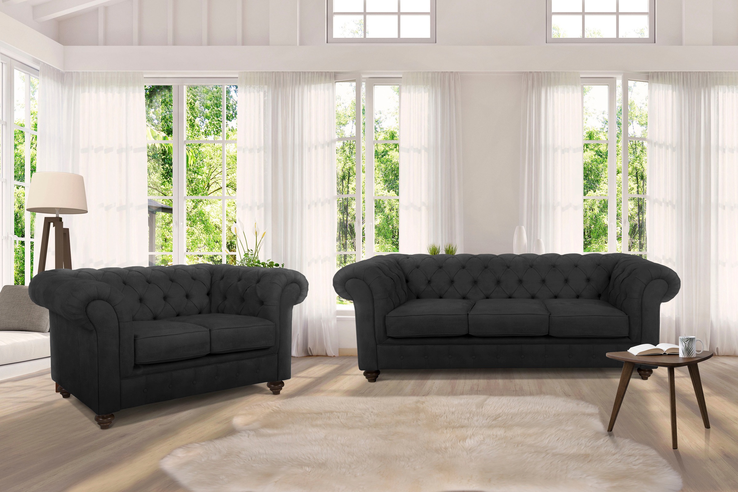 Sitzgruppe HOME AFFAIRE "Duc", grau (anthrazit,), Samtoptik, Sitzmöbel-Sets, Bestehend aus 2-Sitzer und 3-Sitzer, Knopfheftung im Rücken Image