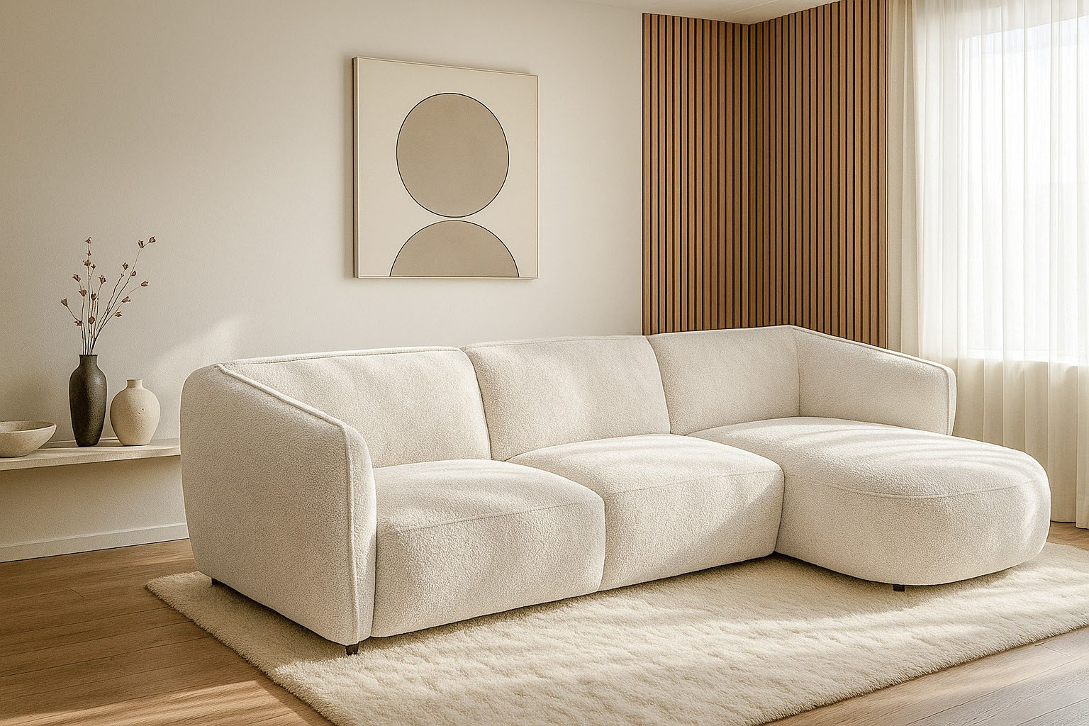 Ecksofa HOME AFFAIRE "OSTRUP Rundsofa, L-Form, Naturtöne, Boucle", weiß (ivory), B:280cm H:73cm T:152cm, 100% Polyester, Sofas, Ecksofa, Breite 280 cm, organische Form mit sanften Rundungen