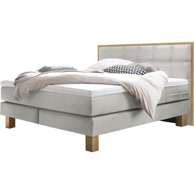 Boxspringbett HASENA "Cottage", grau (grau, eiche bianco), B:188cm L:210cm, Komplettbetten, Boxspringbett, stabile Eichenfüsse, gepolsterte Kopfteile mit Eiche gerahmt Image