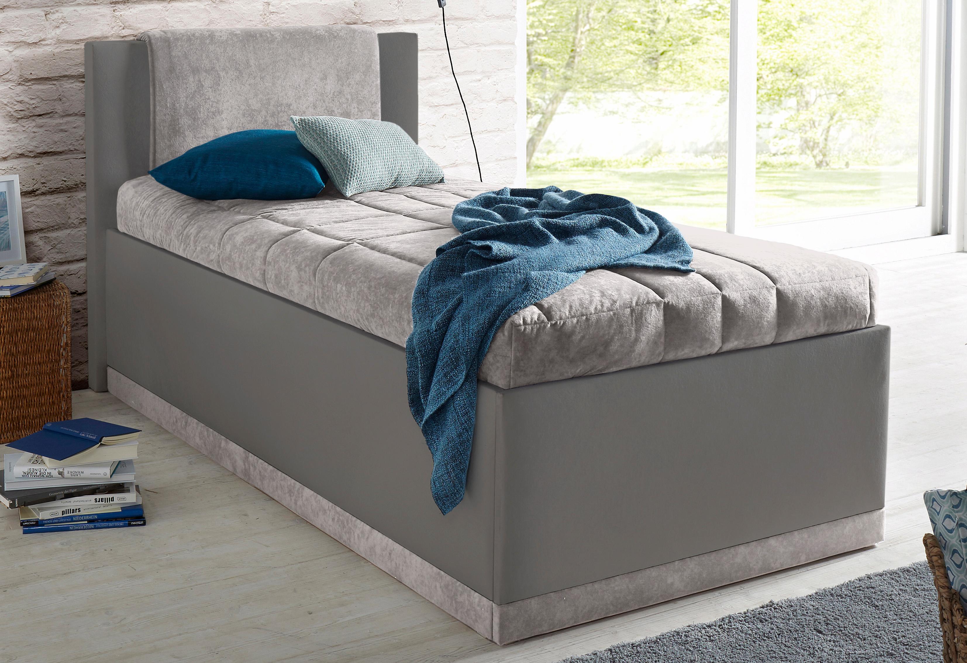 Polsterbett, grau (dunkelgrau, hellgrau), B:117cm L:212cm, Bezug Bett: Microfaser (100% Polyester);Bonnell-Federkernmatratze: Frottee (100% Polyester);Tonnentaschen-Federkernmatratze: 80% Baumwolle und 20% Polyester, Bezug abnehm- und waschbar bis...