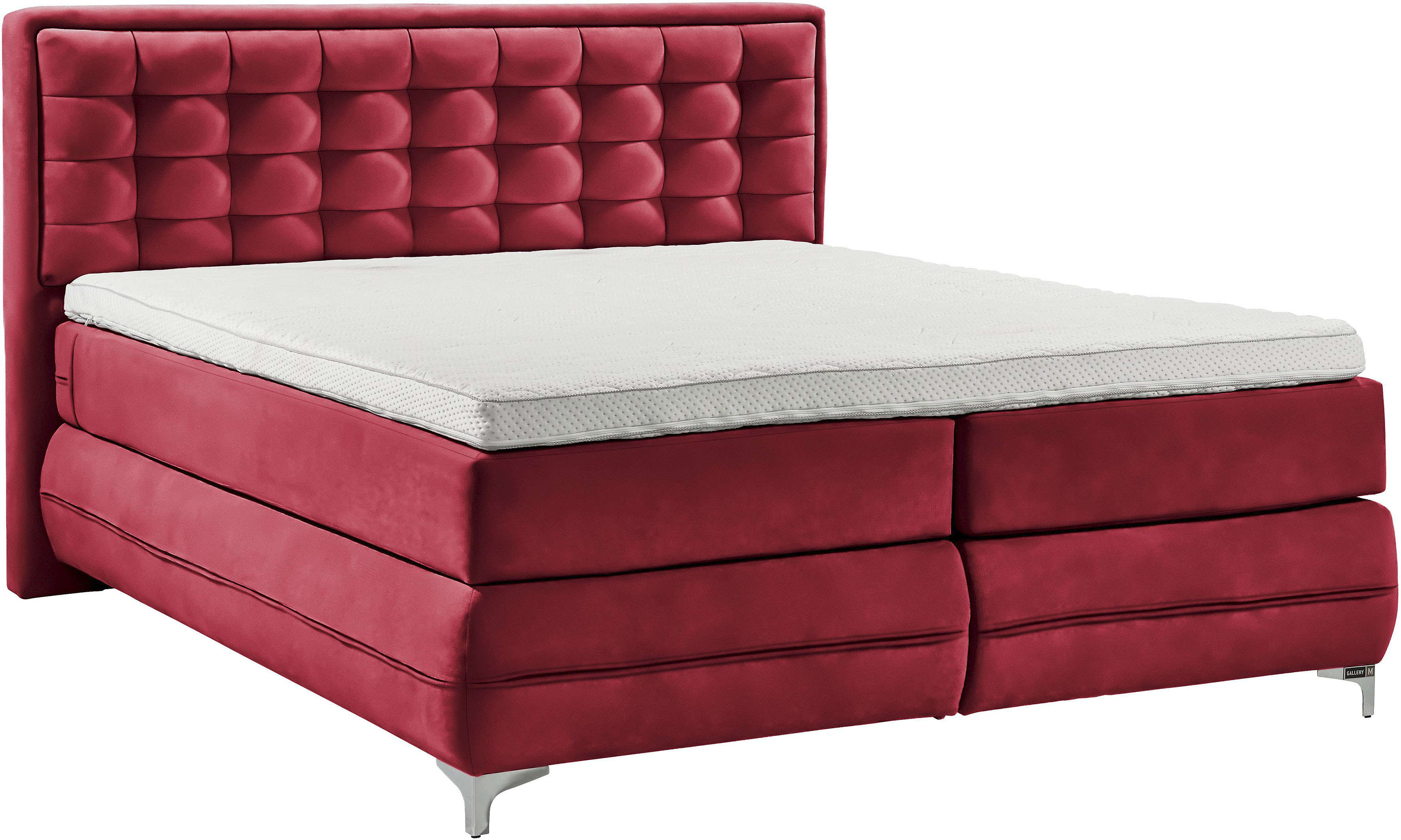 Boxspringbett MUSTERRING "Dubai", rot (d 521 rot), B:217cm L:214cm, Komplettbetten, Boxspringbett, Winkelfuß in Chrom, 3 Härtegrade, Kopfteil in Kassettensteppung Image