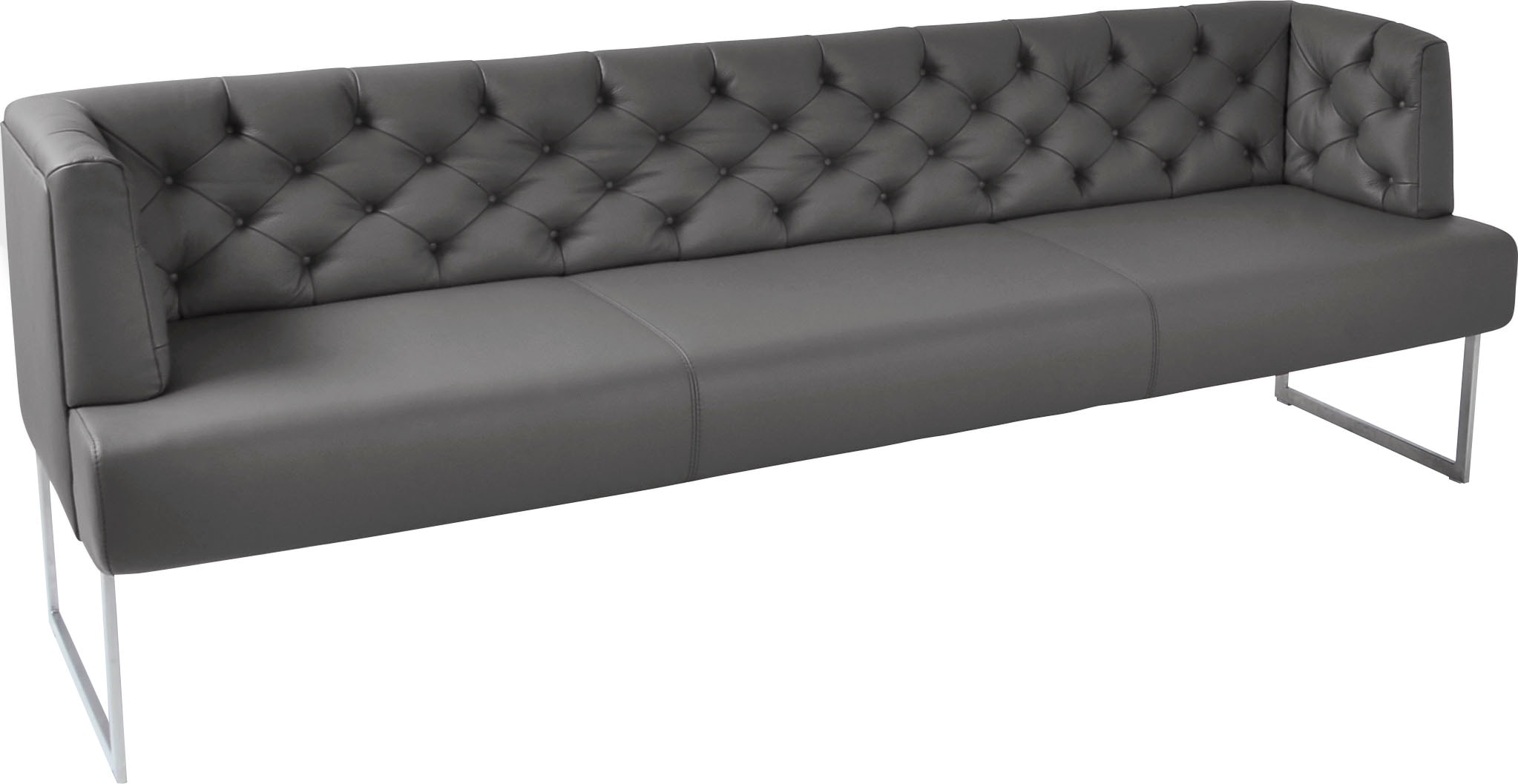 Polsterbank K+W KOMFORT & WOHNEN "Creso", grau (zinn), B:222cm H:83cm T:67cm, Bronco: Nappaleder pigmentiert, Dickleder, 1, 3/1, 5mm, mit rustikal gekörnten Narbenbild, Sitzbänke, im modernen Chesterfield-Look, Füße in Edelstahl-Optik