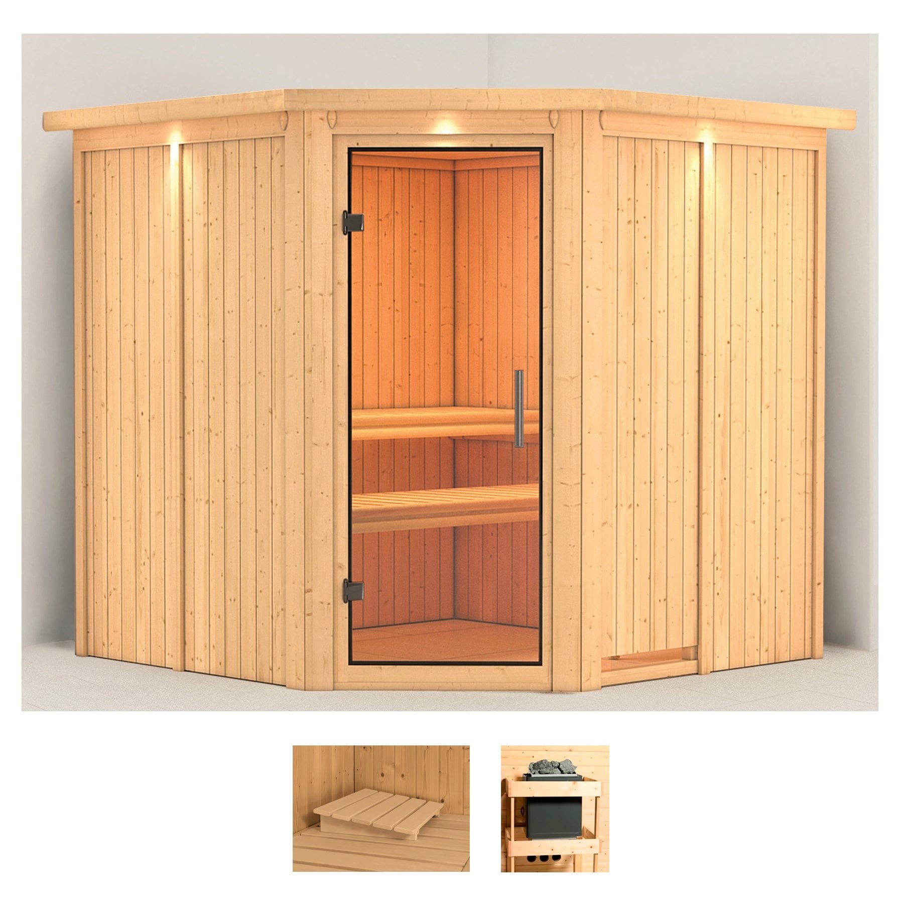 Sauna KARIBU "Jarin", beige (naturbelassen), ohne Ofen, (ohne Ofen), Saunen, ohne Ofen