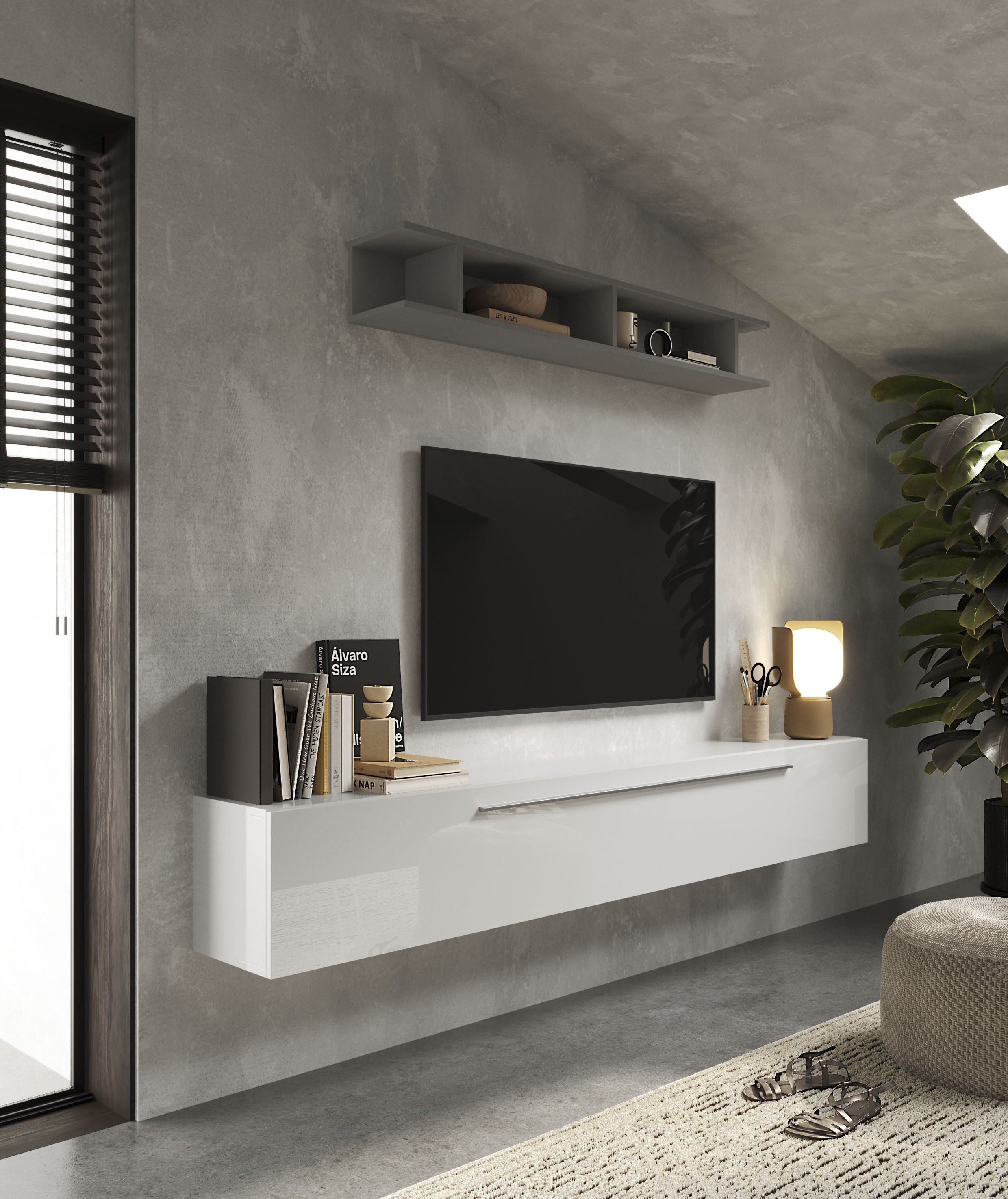 Wohnwand INOSIGN "Infinity, 2tlg. Breite 210 cm, Höhe variabel, Wohnwand", weiß (steingrau ardesia, weiß hochglanz lack), B:210cm H:180cm T:35cm, Kastenmöbel-Sets, (Lowboard hängend mit Metallgriff, Wandregal)