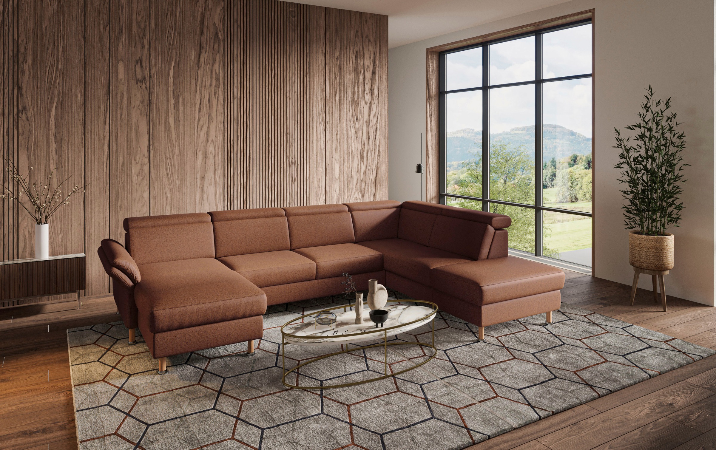 Wohnlandschaft HOME AFFAIRE "Calypso U-Form", braun (haselnuss), B:334cm H:85cm T:227cm, 100%Polyester, Sofas, wahlweise mit motorischer Relaxfunktion Image