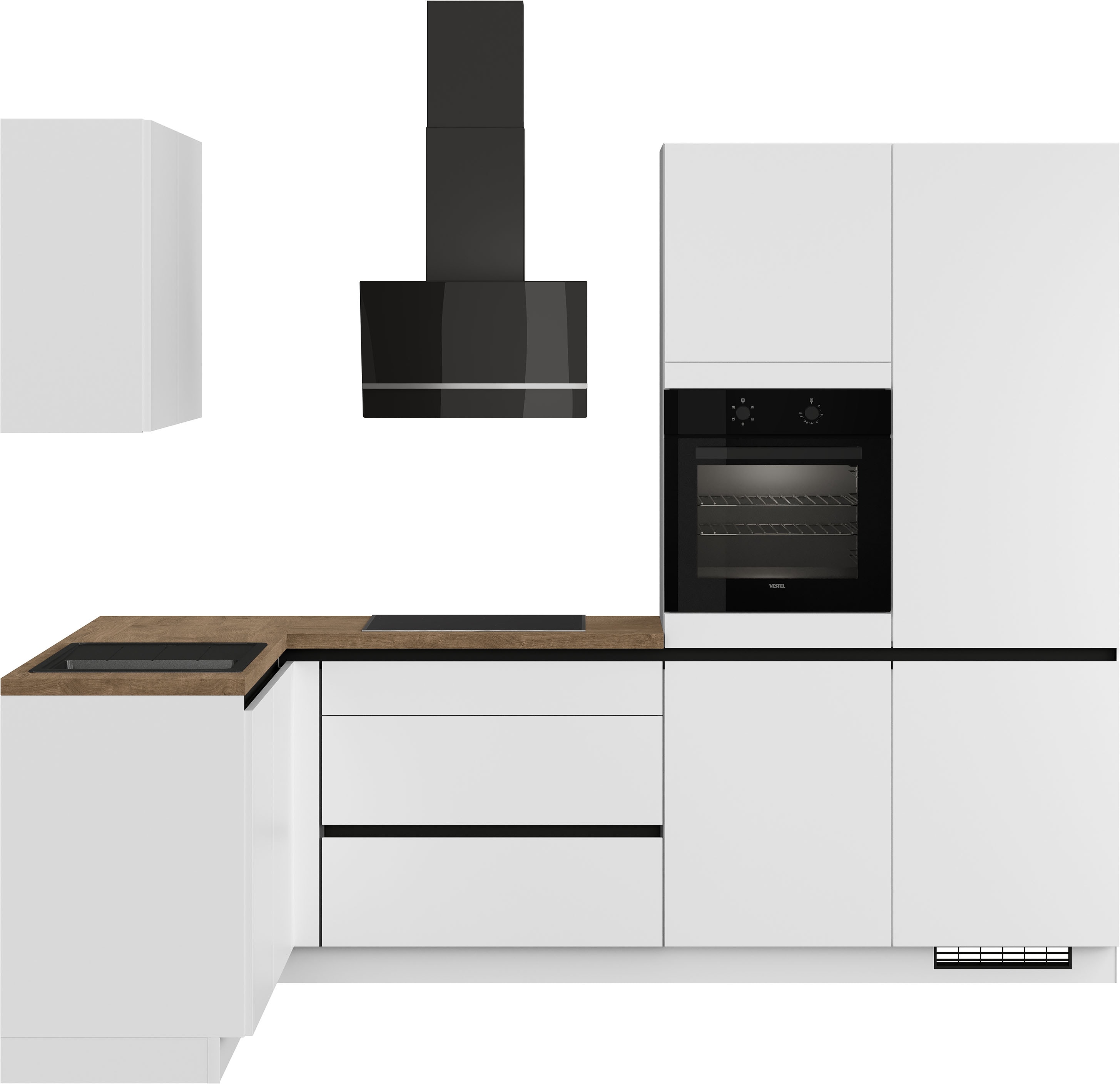 Winkelküche IMPULS KÜCHEN ""Dublin", Anti Fingerprint Oberfläche, Schubkästen mit Soft-Close", weiß (küche: weiß, front: weiß, korpus: weiß, arbeitsplatte: oregon eiche, nachbildung), B:460cm H:222cm T:60cm, Komplettküchen-Sets, vormontiert,...