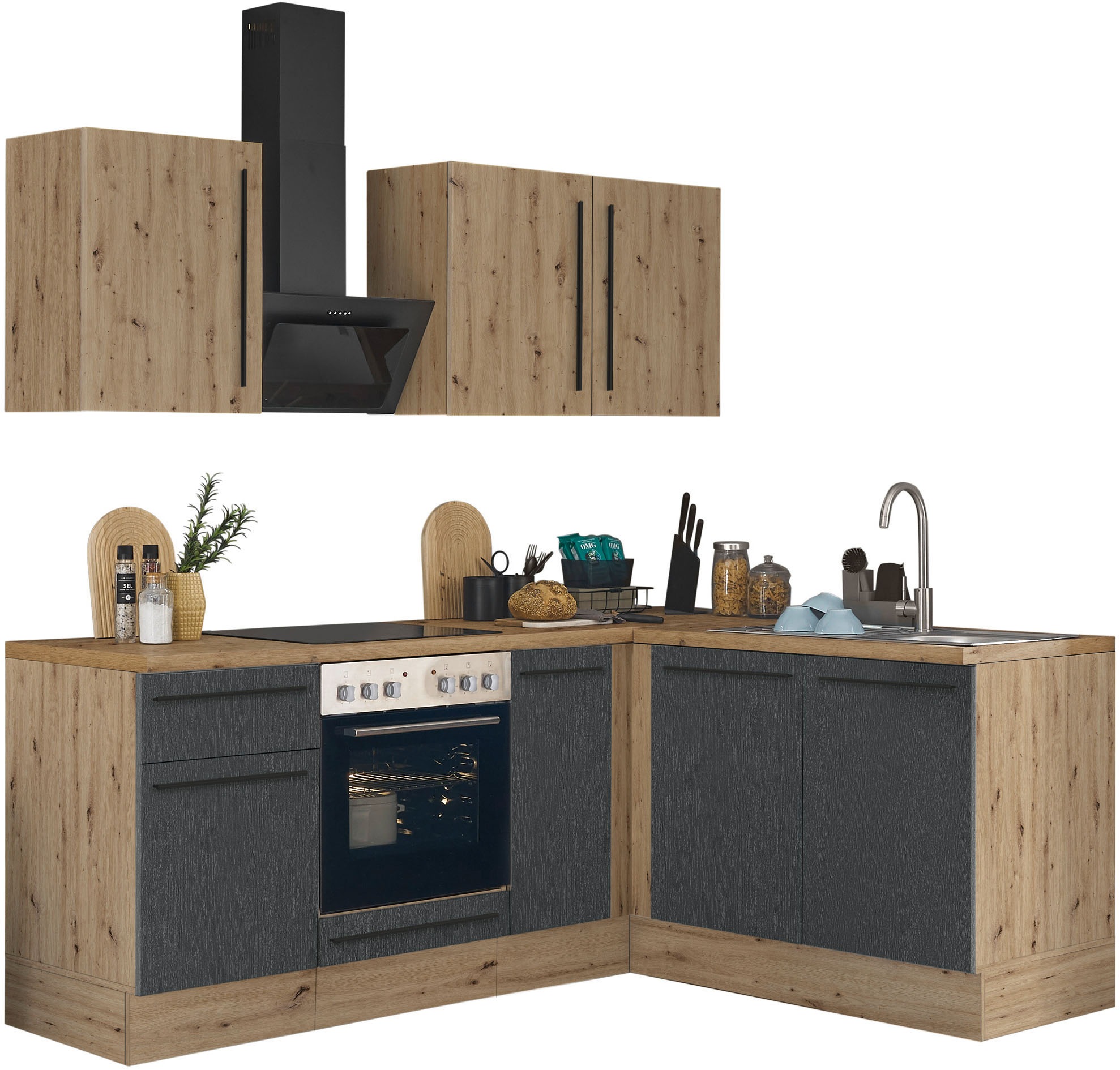 Winkelküche KOCHSTATION "Florida, Stellbreite 210x165 cm", schwarz (küche: schwarz, front: artisan eiche, schwarz matt, korpus: artisan eiche, arbeitsplatte: artisan eiche), B:210cm H:211cm T:60cm, Komplettküchen-Sets, wahlweise mit E-Geräten, mit... Image