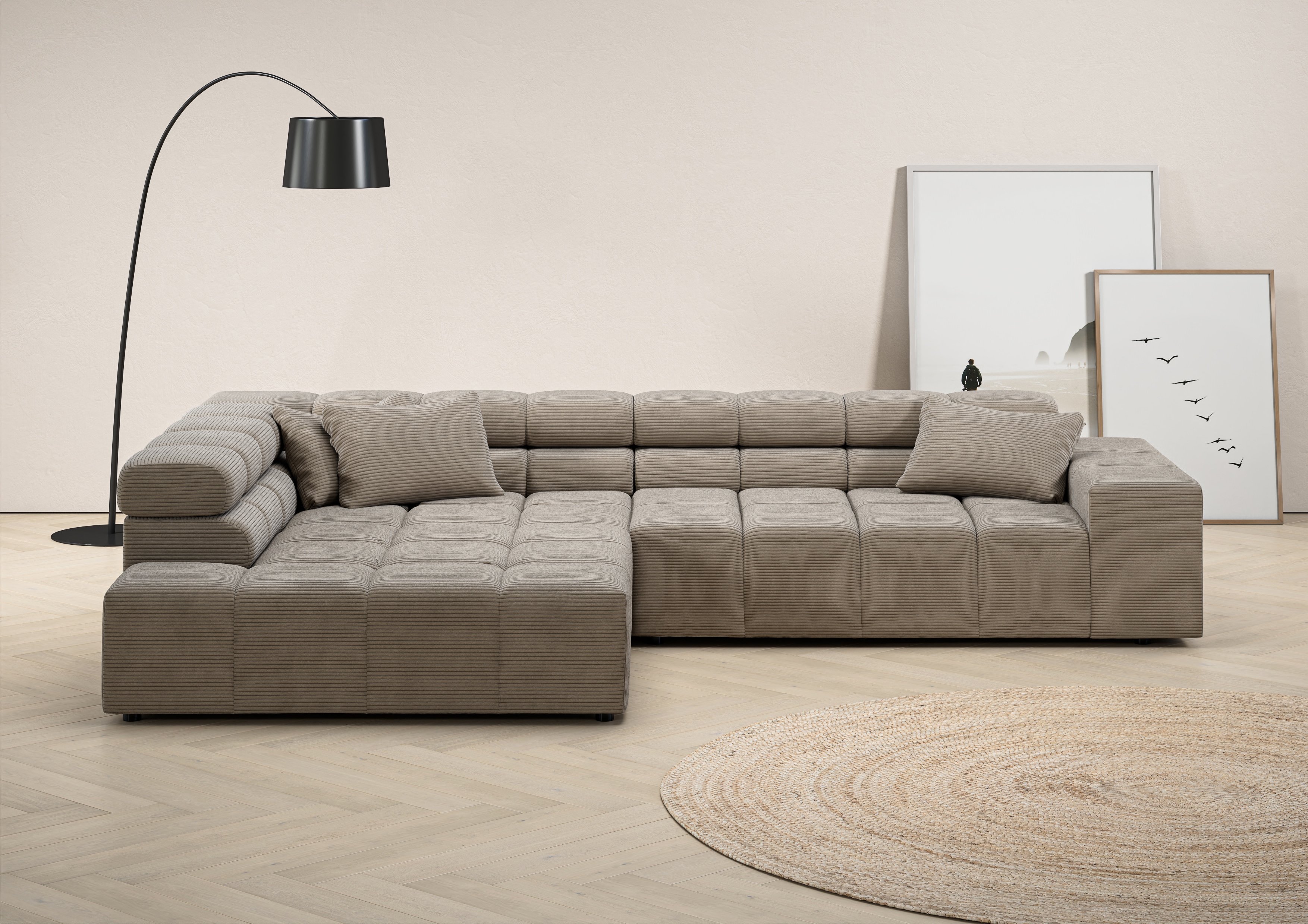 Ecksofa HOME AFFAIRE "Ancona incl. Kopfteilverstellung, OTTOs Choice, Breite 319cm, L-Form", grau (taupe), B:319cm H:70cm T:215cm, Struktur (85% Polyester, 15% Viskose);Luxus-Microfaser weich (98% Polyester, 2% Nylon);Velours (100% Polyester),...