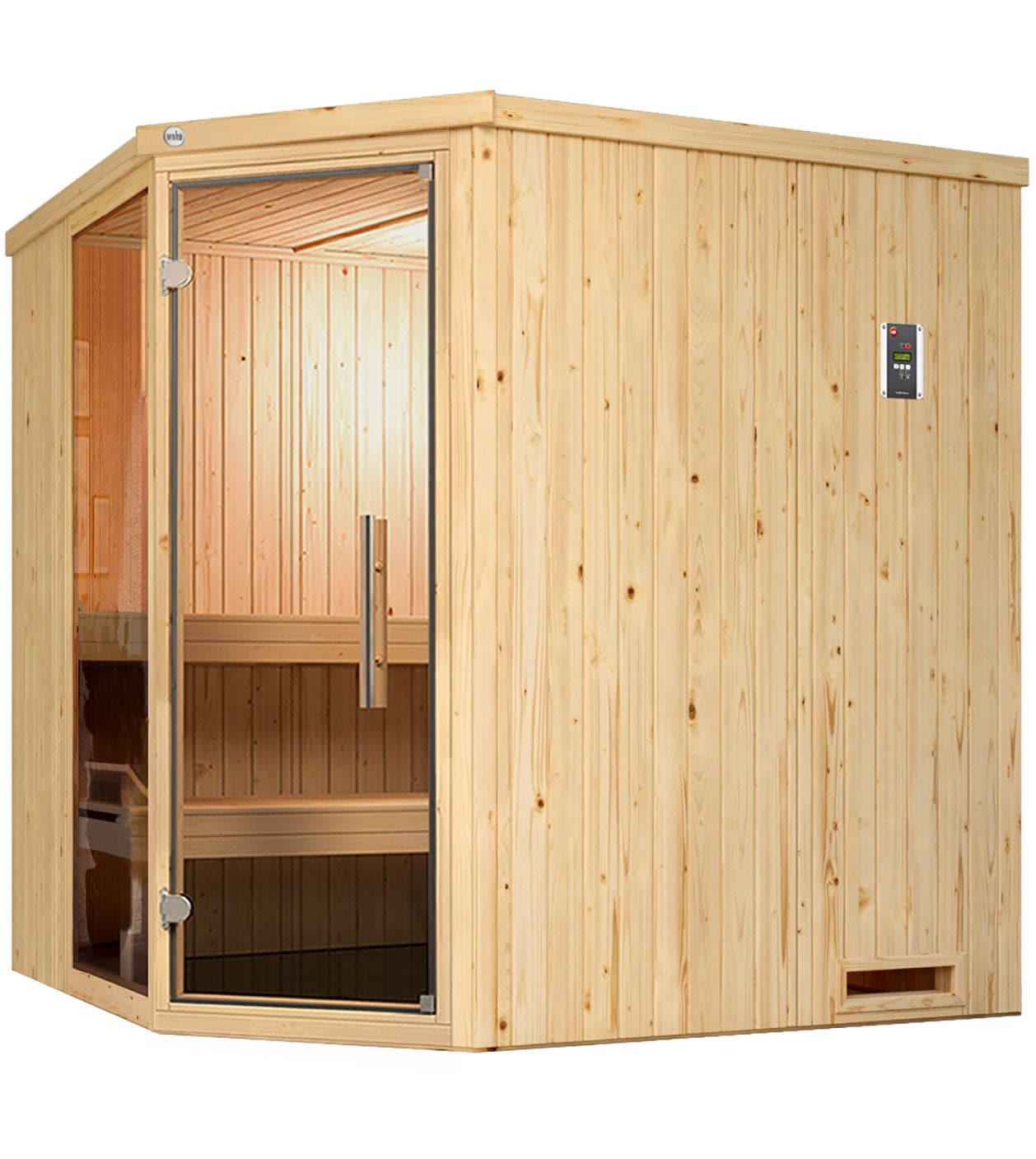 Sauna WEKA "Element-Ecksauna VARBERG 2", beige (natur), Saunaofen, integrierte Steuerung, 5,4 kW, Saunen, vorgefertigte Elemente, Fensterelement, moderne Ganzglastür