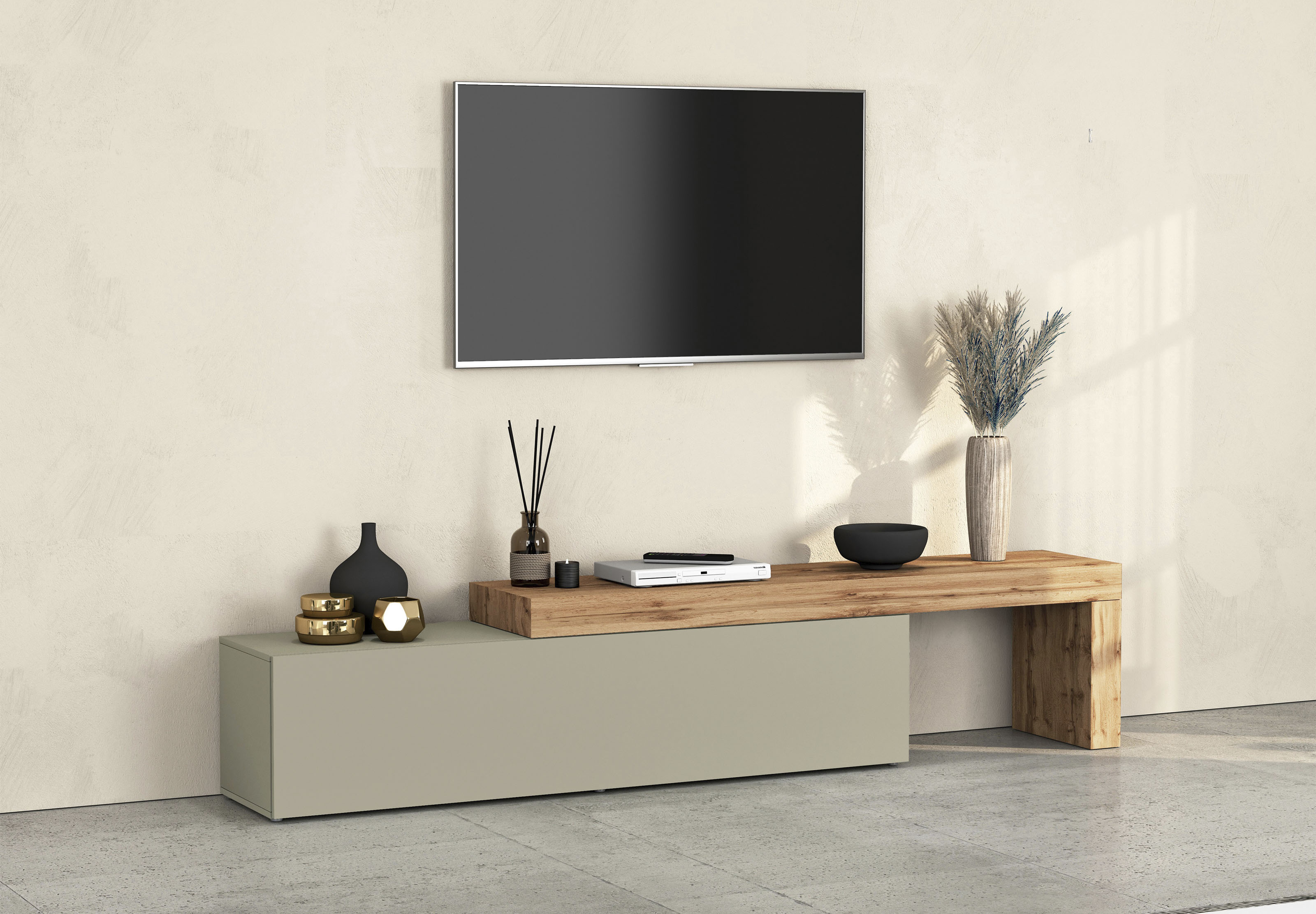 Lowboard INOSIGN "Chronos TV-Board, TV-Schrank", braun (taube, eiche wotan), B:270cm H:51cm T:40cm, Sideboards, Breite 270 cm TV-Board,Lowboard,1 Klappe und ein L-Förmiger Aufsatz