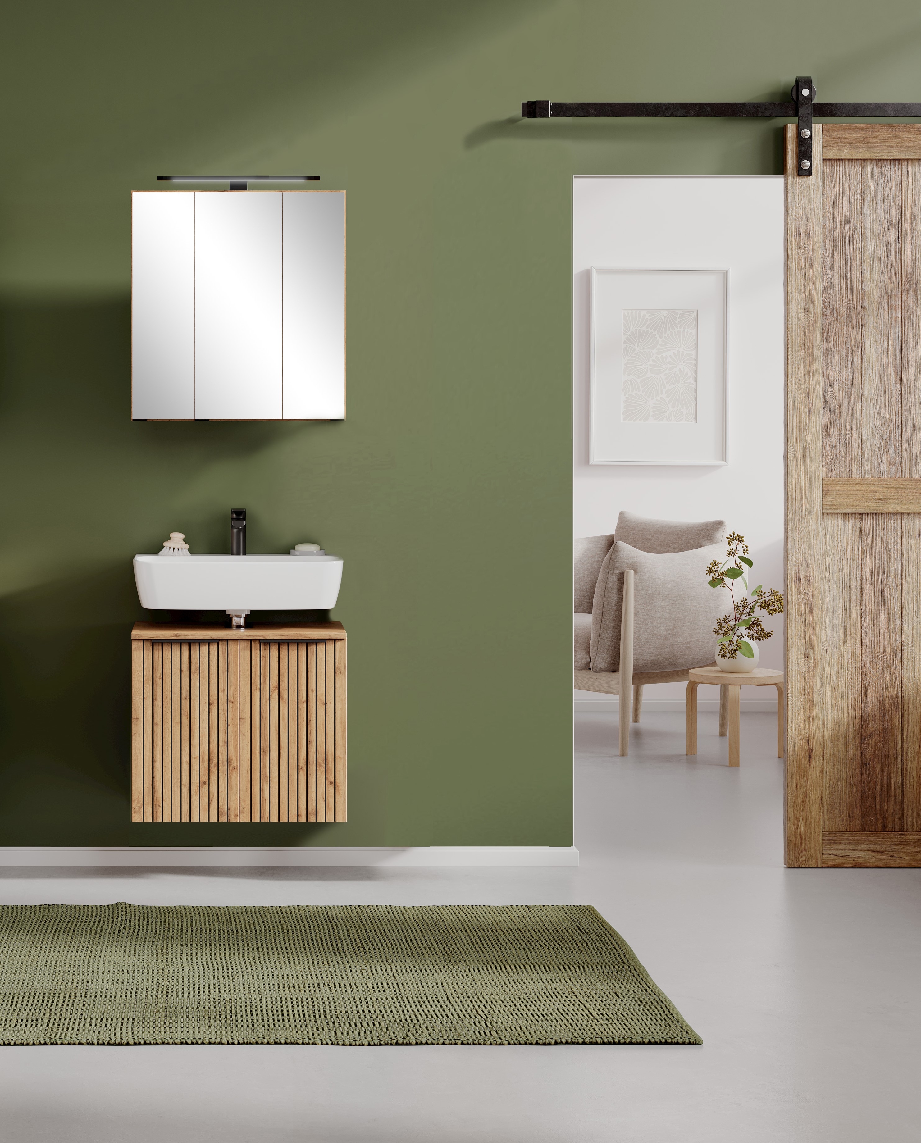 Badezimmer-Set WELLTIME "Welltime Möbel, Carlton Unterbecken-Set 2teilig, 60 cm, gestreift", schwarz (wotnaeiche, schwarz), B:60cm H:200cm T:35cm, Spanplatte, Kastenmöbel-Sets Image