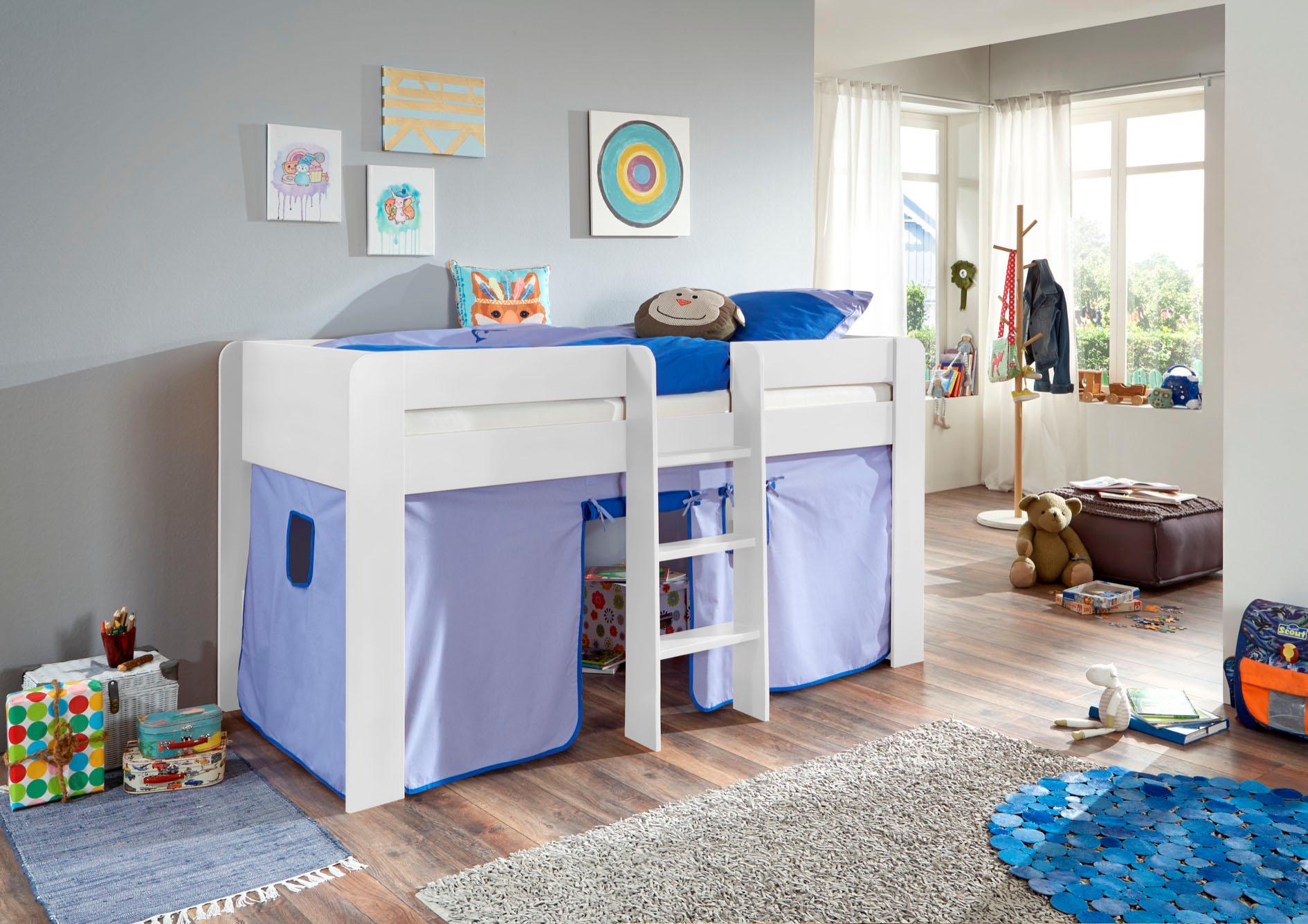 Hochbett RELITA "Andi", blau (buche dekor weiß blau, delfin), Liegefläche B/L: 90cm x 200cm, kein Härtegrad, kein Härtegrad, Spanplatte: Buche Nachbildung Melamin weiß lackiert;Stoff: 100% Baumwolle (bei 30 C waschbar), Hochbetten, Hochbett, mit...