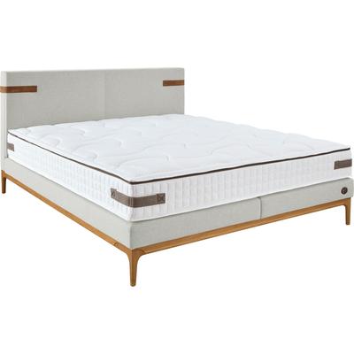 Boxspringbett BIRKENSTOCK "Iona", weiß (papyrusweiß cww 31), B:181,5cm L:218cm, Loden CWW (70% Wolle, 25% Polyamid, 5% andere Fasern), Scheuertouren 40000, Komplettbetten, Boxspringbett, mit Lederlaschen am Kopfteil, mit Holzsockel in Eiche natur Image