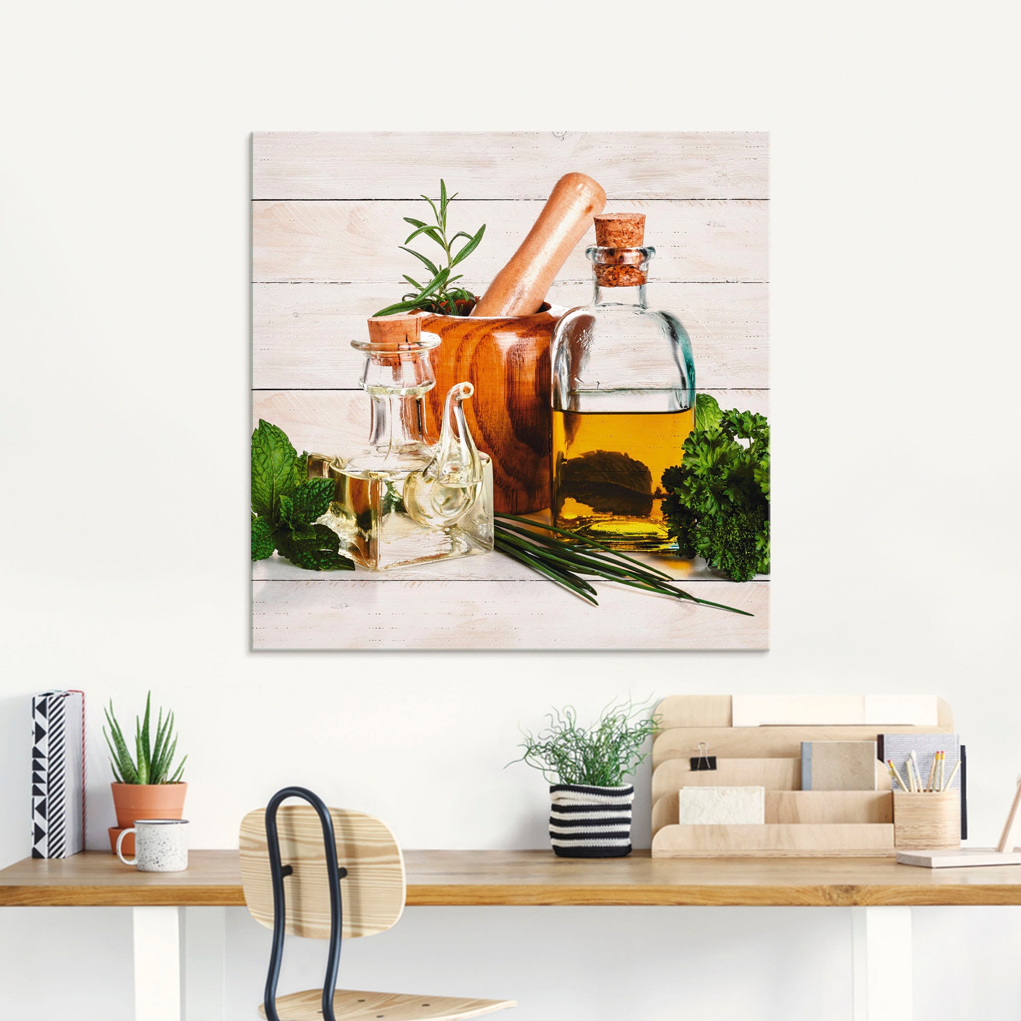 Glasbild ARTLAND "Olivenöl und Kräuter - Küche", weiß (farbe bild(er): weiß), B:30cm H:30cm, Bilder, in verschiedenen Größen Image