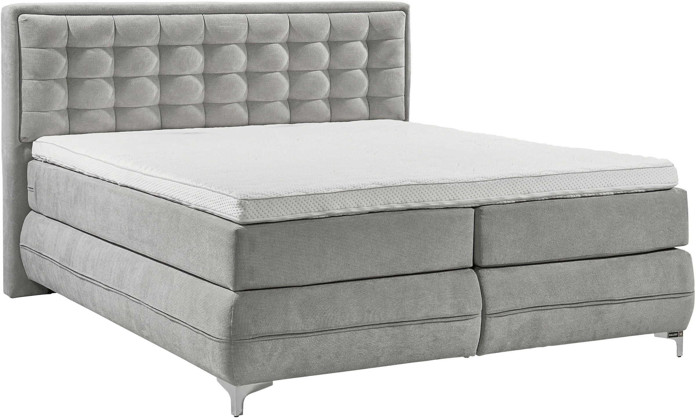 Boxspringbett MUSTERRING "Dubai", grau (d 041 grau), B:217cm L:214cm, Komplettbetten, Boxspringbett, Winkelfuß in Chrom, 3 Härtegrade, Kopfteil in Kassettensteppung Image