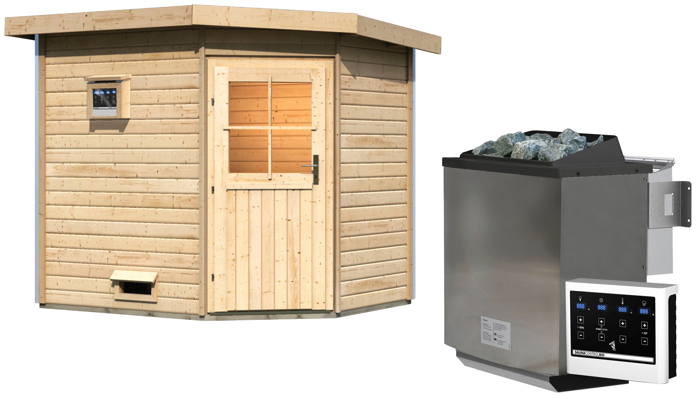 Saunahaus KARIBU "Tore", beige (naturbelassen), Bio-Ofen, externe Steuerung, 9 kW, Saunen, klassiche Tür, Ofen 9 kW Bio externe Strg Easy Image