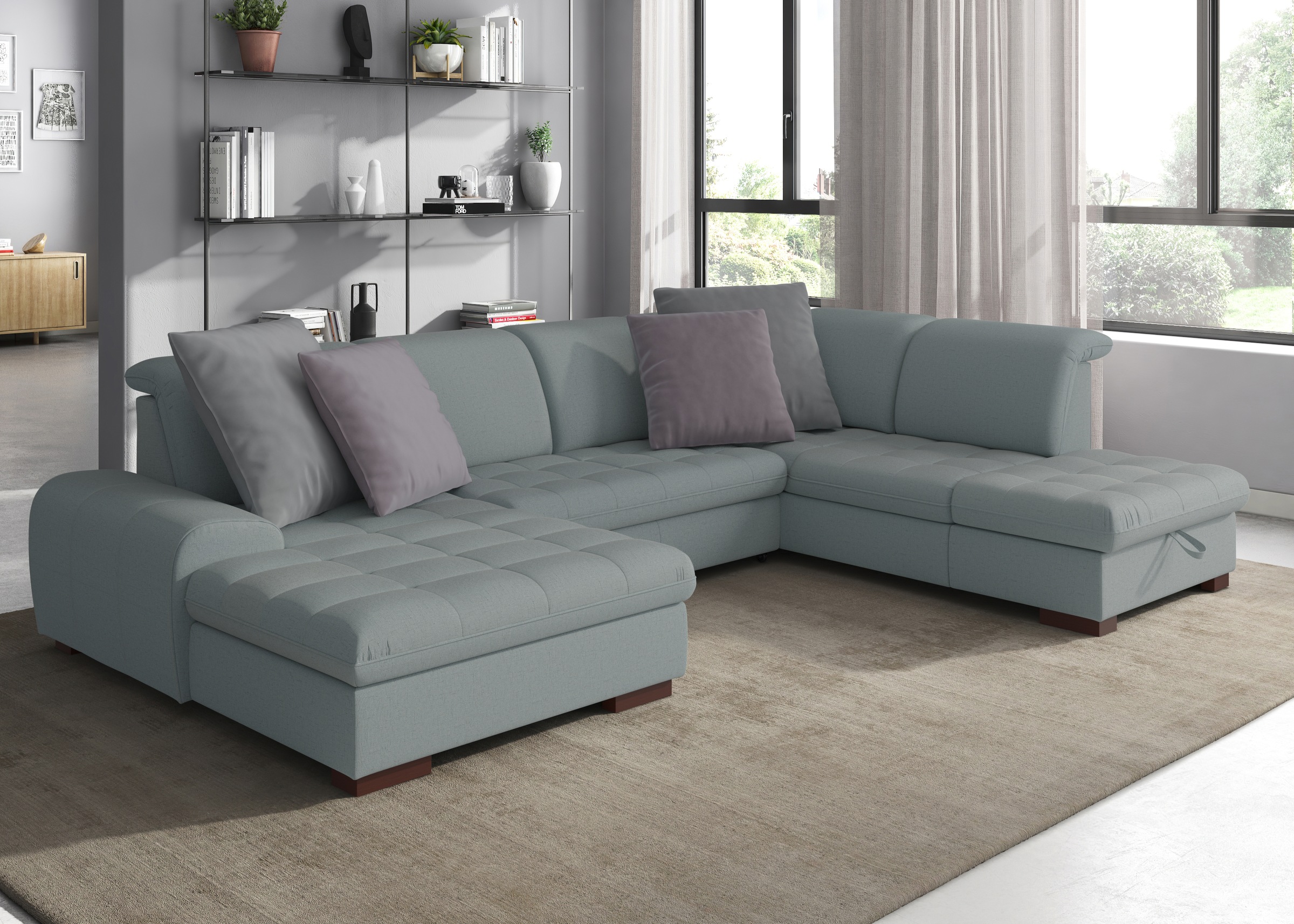 Wohnlandschaft SIT & MORE "Luxor U-Form", blau (aqua), B:329cm H:82cm T:224cm, Luxus-Microfaser ALTARA NUBUCK (100% Polyester);Soft clean (98% Polyester, 2% Polyamid);Struktur fein (100% Polyester), Sofas, wahlweise mit Bettfunktion, Bettkasten und... Image