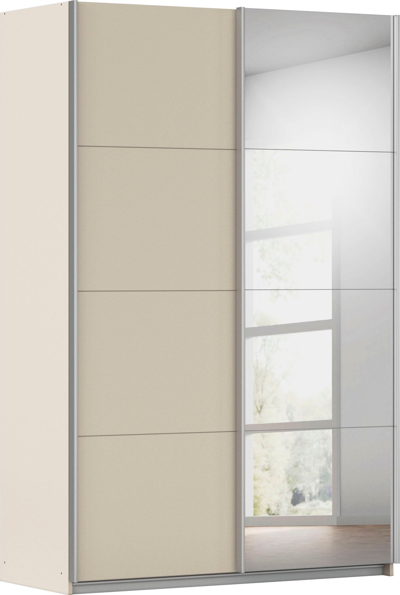 Schwebetürenschrank INOSIGN BY RAUCH "Kleiderschrank Schrank Garderobe Schlafzimmerschrank THANOS", beige (beige (champagner) mit spiegel), B:136cm H:210cm T:62cm, Holzwerkstoff, Schränke, Optional mit Spiegel, Metall-Griffleisten alufarben MADE IN... Image