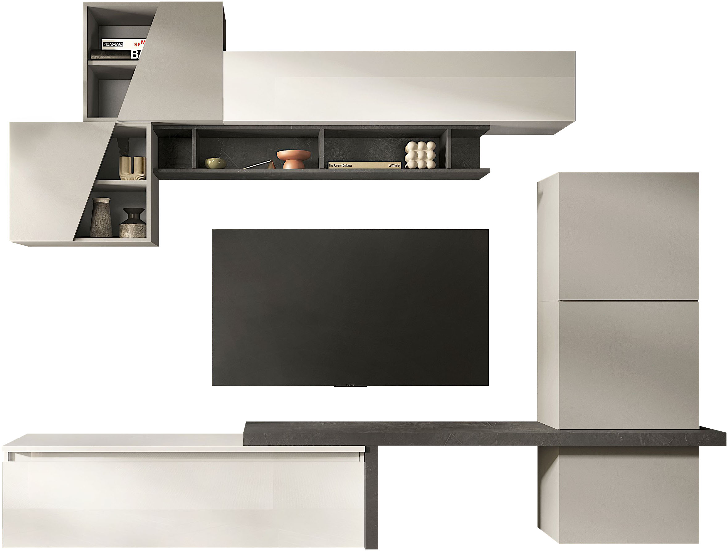 Wohnwand INOSIGN "Infinity, 9tlg. Breite 280 cm, moderne Mediawand", weiß (weiß hochglanz lack, kreidegrau (gesso), bleigrau (piombo)), B:280cm H:202cm T:40cm, Kastenmöbel-Sets, T-Boden, 4x Hängewürfel, Würfel-Element, Wandregal, Hängeschrank)