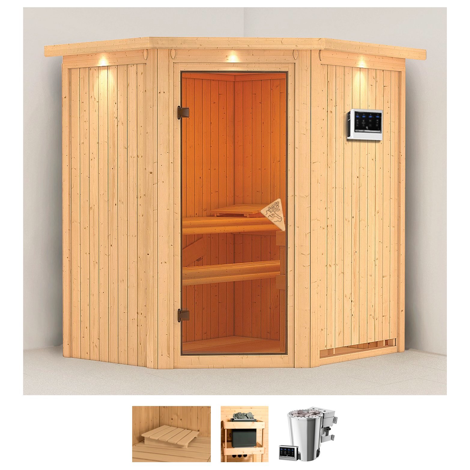 Sauna KARIBU "Tomke", beige (naturbelassen), Bio-Kombiofen, externe Steuerung, 3,6 kW, Saunen, Ofen 3,6 kW Bio-Ofen externe Strg. easy