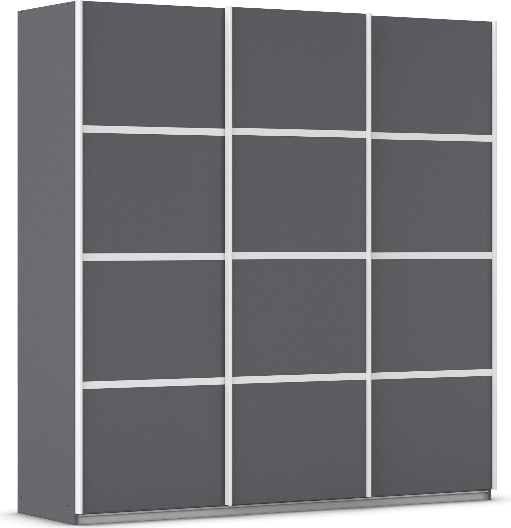 Kleiderschrank RAUCH "Schwebetürenschrank OTTO´s Choice Garderobe Schrank TOP ANGEBOT Avola", grau (graumetallic, leisten weiß), B:203cm H:210cm T:62cm, Holzwerkstoff, Schränke, mit eleganten Zierleisten in Chrom, Schwarz oder Weiß MADE IN GERMANY Image
