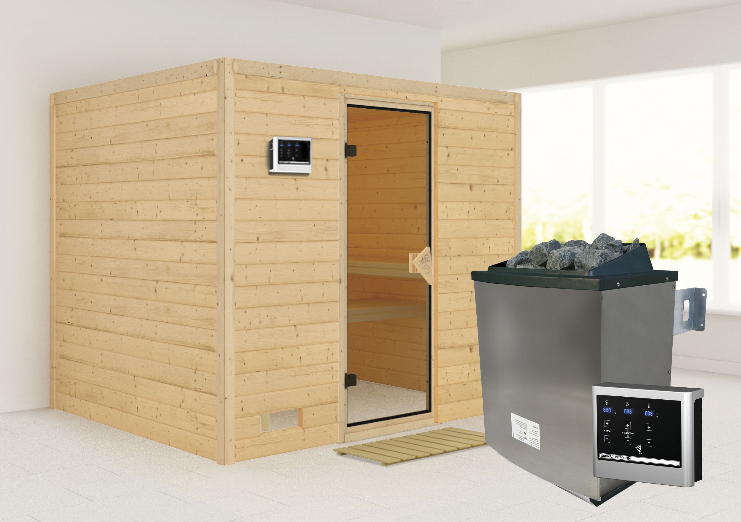 Sauna KARIBU "Soraja", beige (naturbelassen), Saunaofen, externe Steuerung, 9 kW, Saunen, 9-kW-Ofen mit externer Steuerung Image