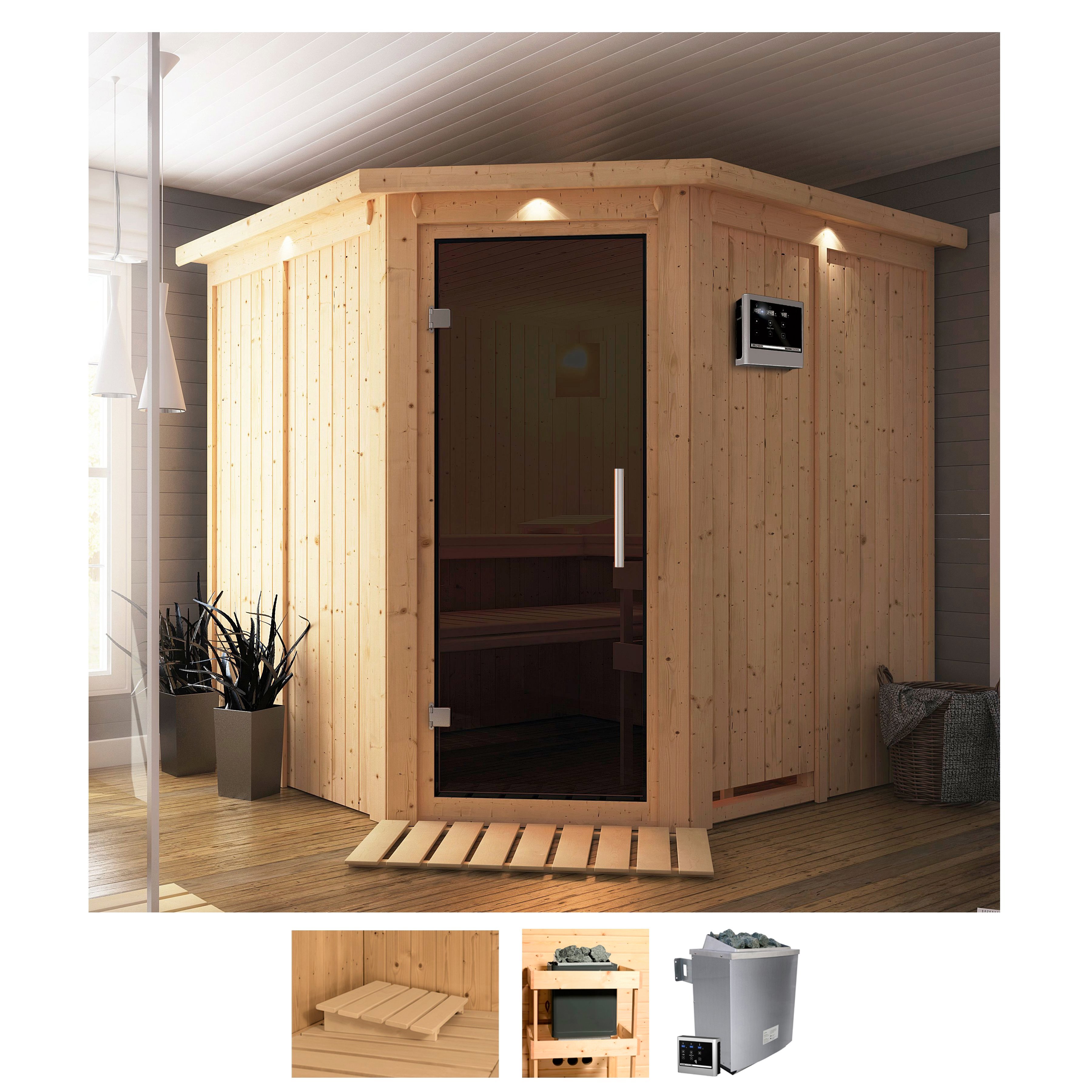 Sauna KARIBU "Jarin", beige (naturbelassen), Saunaofen, externe Steuerung, 9 kW, Saunen, 9-kW-Ofen mit externer Steuerung