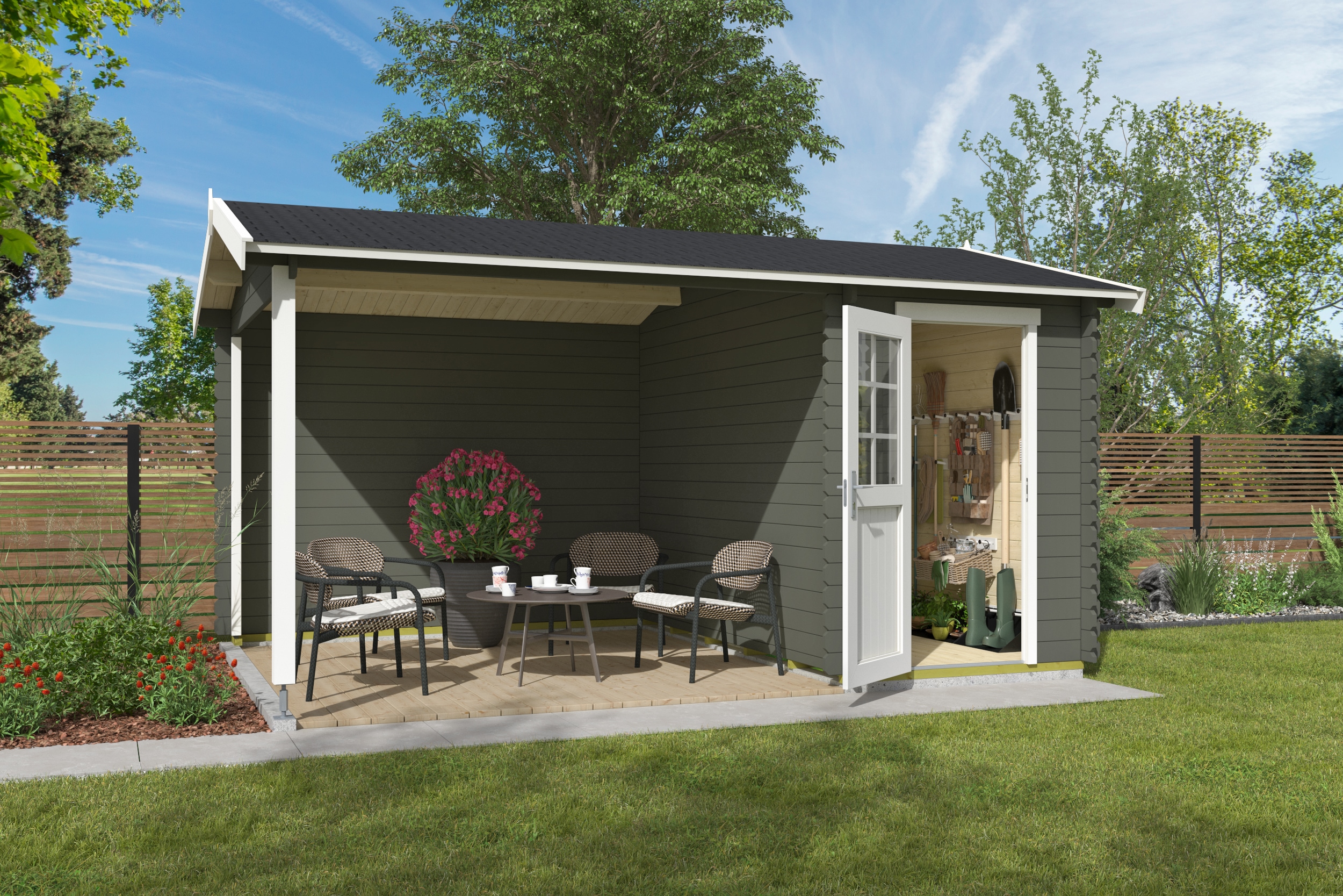 Gartenhaus NORDIC HOLZ "Wibo", grün (grüngrau), Fußboden im Gartenhaus, Rückwand, Massivholzdach, Holz, Gartenhäuser, Gartenhaus