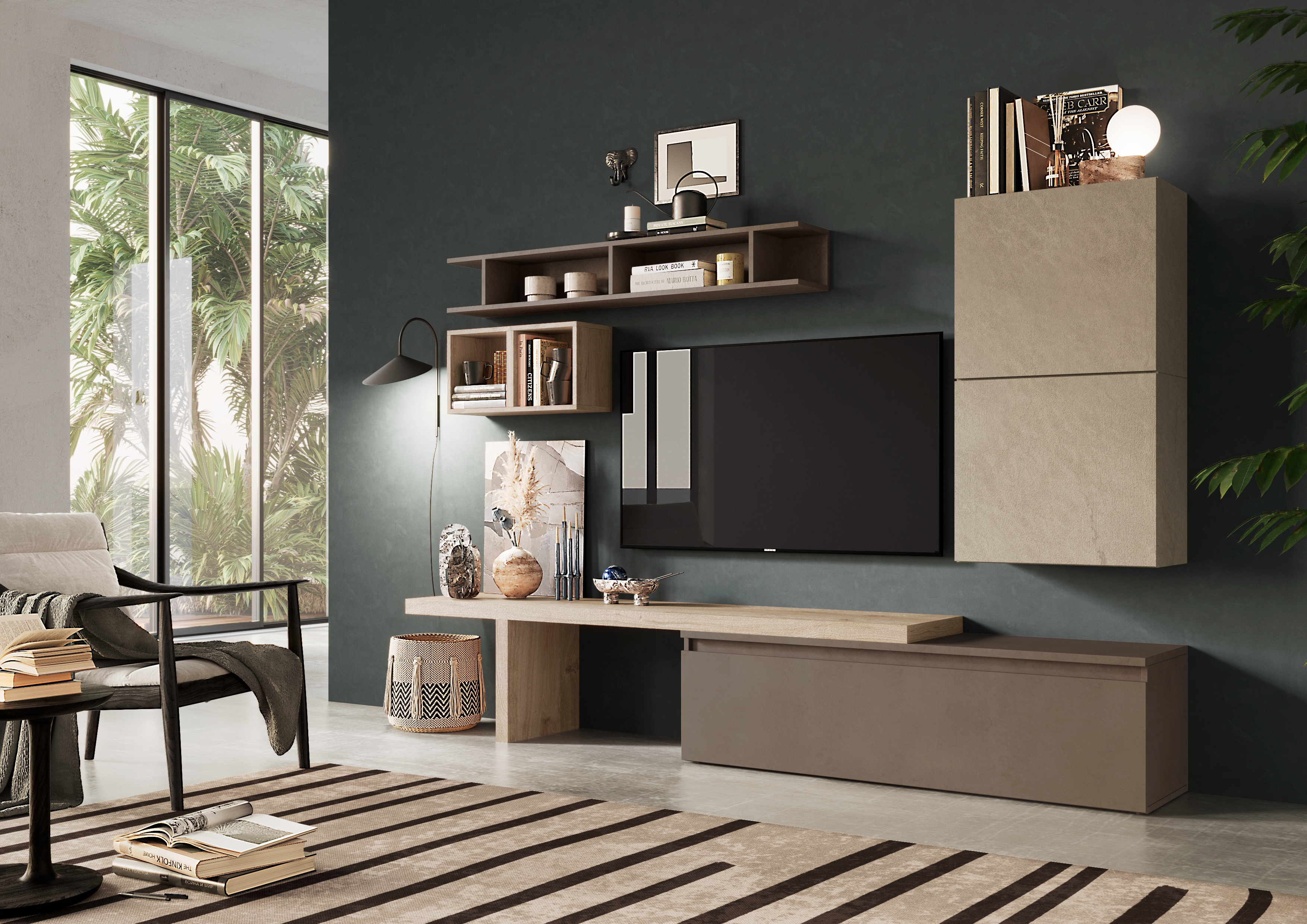 Wohnwand INOSIGN "Infinity, 6tlg. Breite 276 cm, Höhe variabel, Schrankwand, Anbauwand", braun (lehmfarben (argilla), bronzo, eiche cadiz nb), B:260cm H:190cm T:40cm, Kastenmöbel-Sets, Wohnwand, (Lowboard, T-Boden, 2x Hängewürfel, Würfelregal Set,...