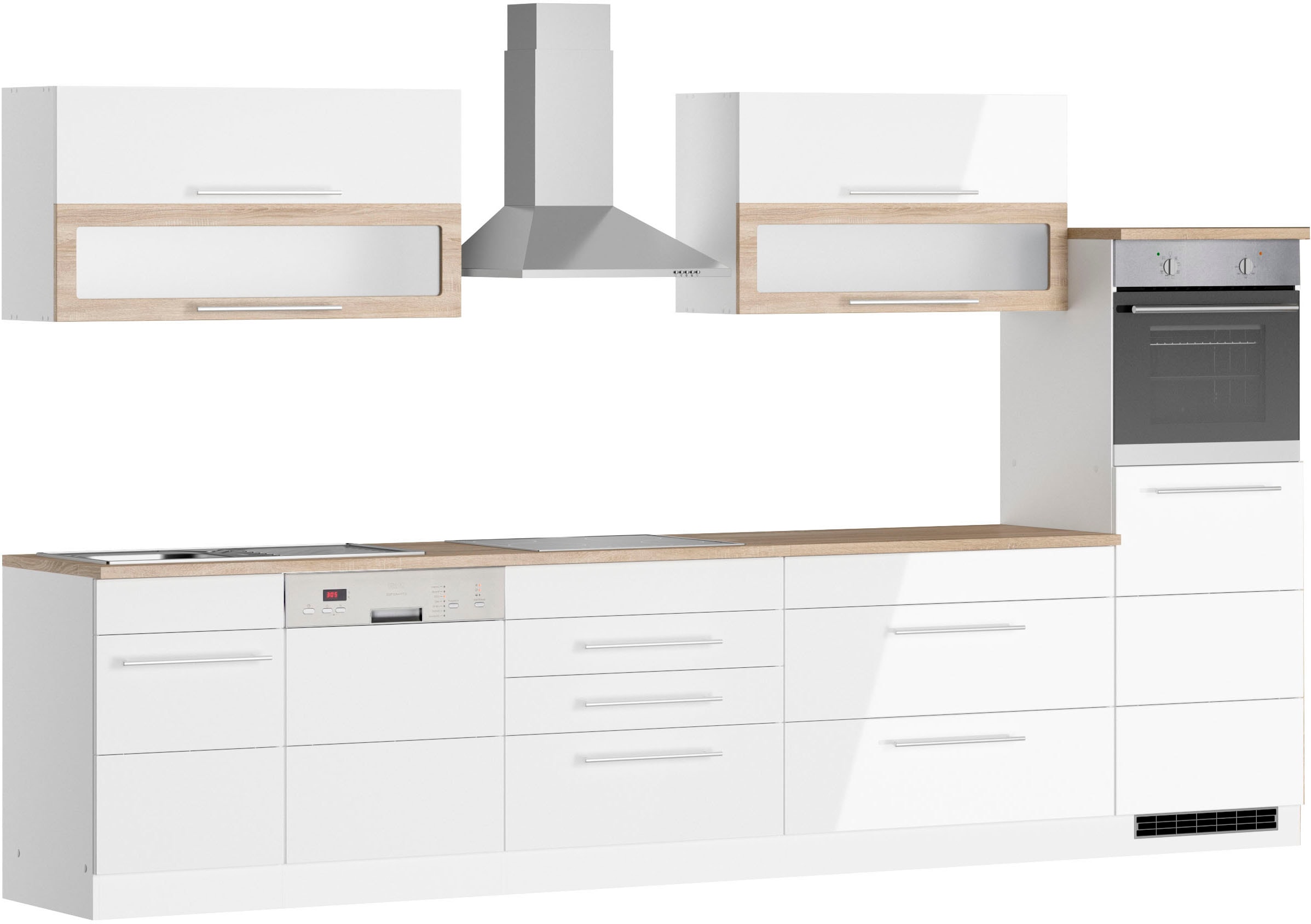 Küchenzeile KOCHSTATION "KS-Wien", weiß (küche: weiß, front: hochglanz weiß, korpus: weiß, arbeitsplatte: eiche sonoma), B:350cm H:200cm T:60cm, Komplettküchen-Sets, Breite 350 cm, wahlweise mit E-Geräten Image