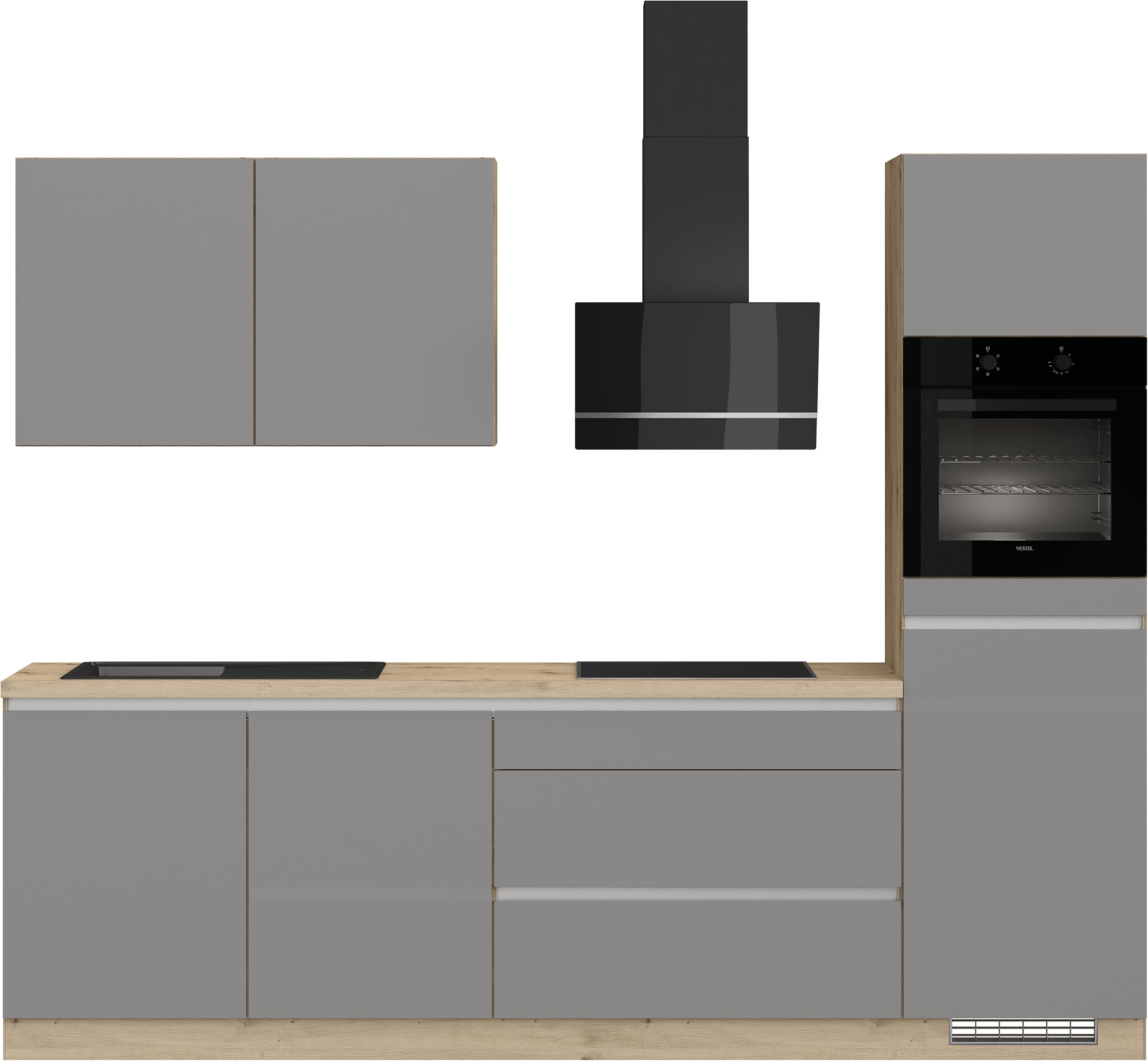 Küchenzeile IMPULS KÜCHEN ""Dublin", Anti Fingerprint Oberfläche, Schubkästen mit Soft-Close", grau (küche: grau, front: schiefergrau, korpus: eiche, nachbildung hell, arbeitsplatte: eiche, nachbildung hell), B:280cm H:222cm T:60cm,...