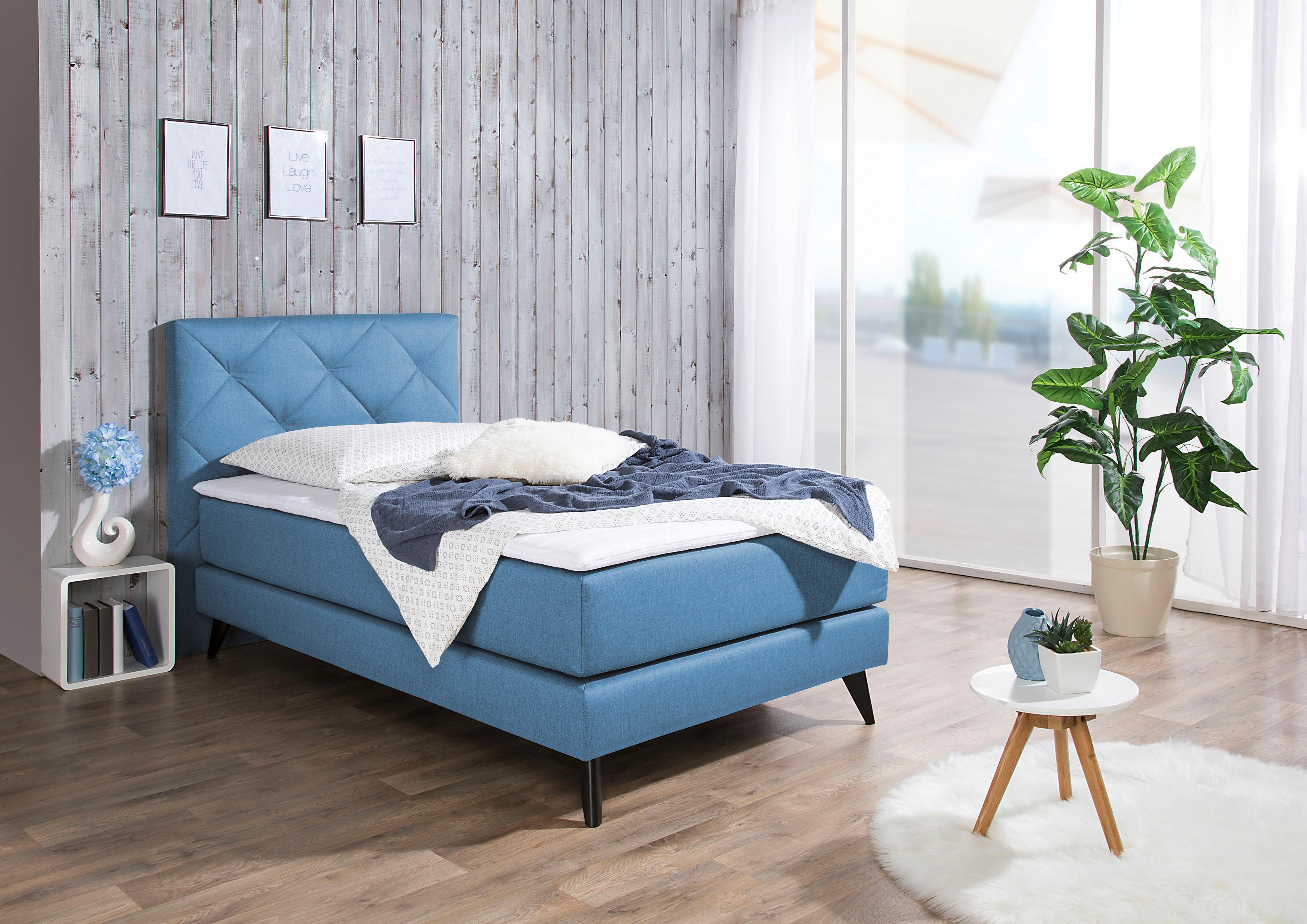 Boxspringbett MAINTAL, blau, Liegefläche B/L: 100cm x 200cm, H4, Tonnentaschen-Federkernmatratze, Topperbezug Microfaser aus 100% Polyester;Bezug der Spiegelfläche Matratzendrell aus 100% Polyester;Strukturstoff-Bezug (100% Polyester),... Image