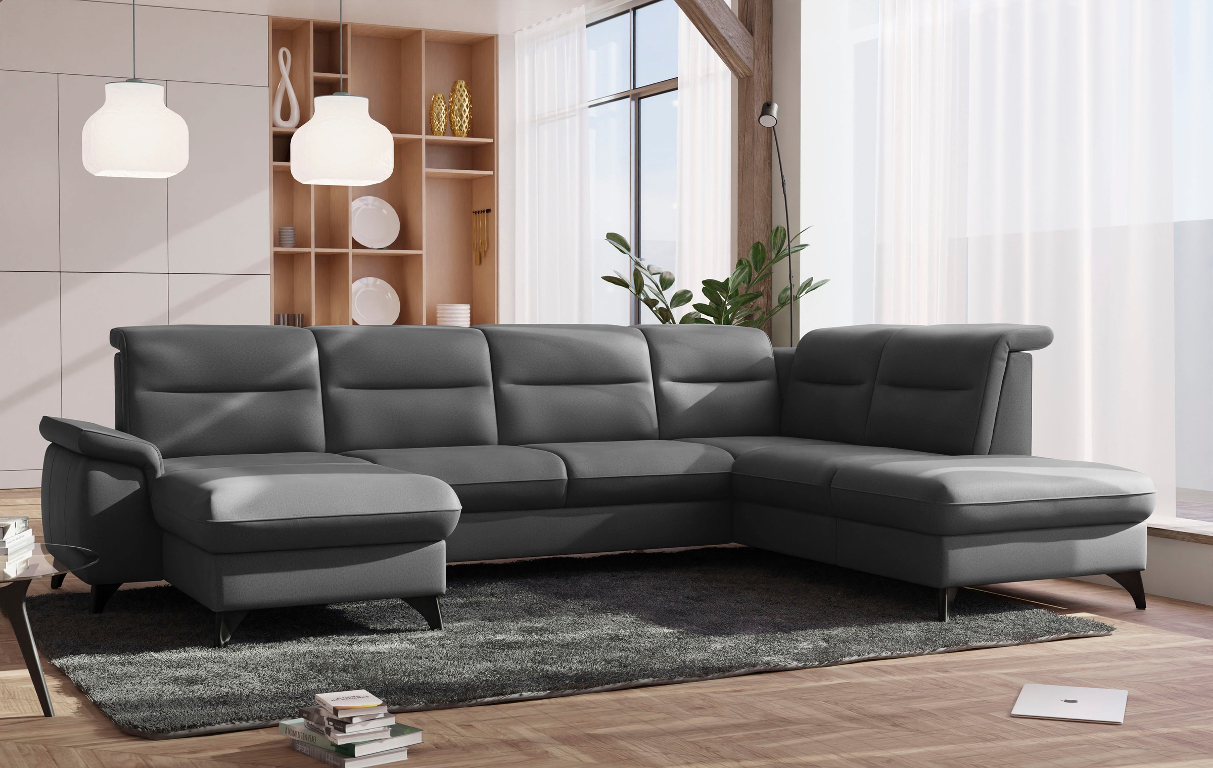 Wohnlandschaft SIT & MORE "Astoria U-Form", grau, B:329cm H:91cm T:225cm, 100% Polyester, Sofas, wahlweise mit motorischer Relaxfunktion Image
