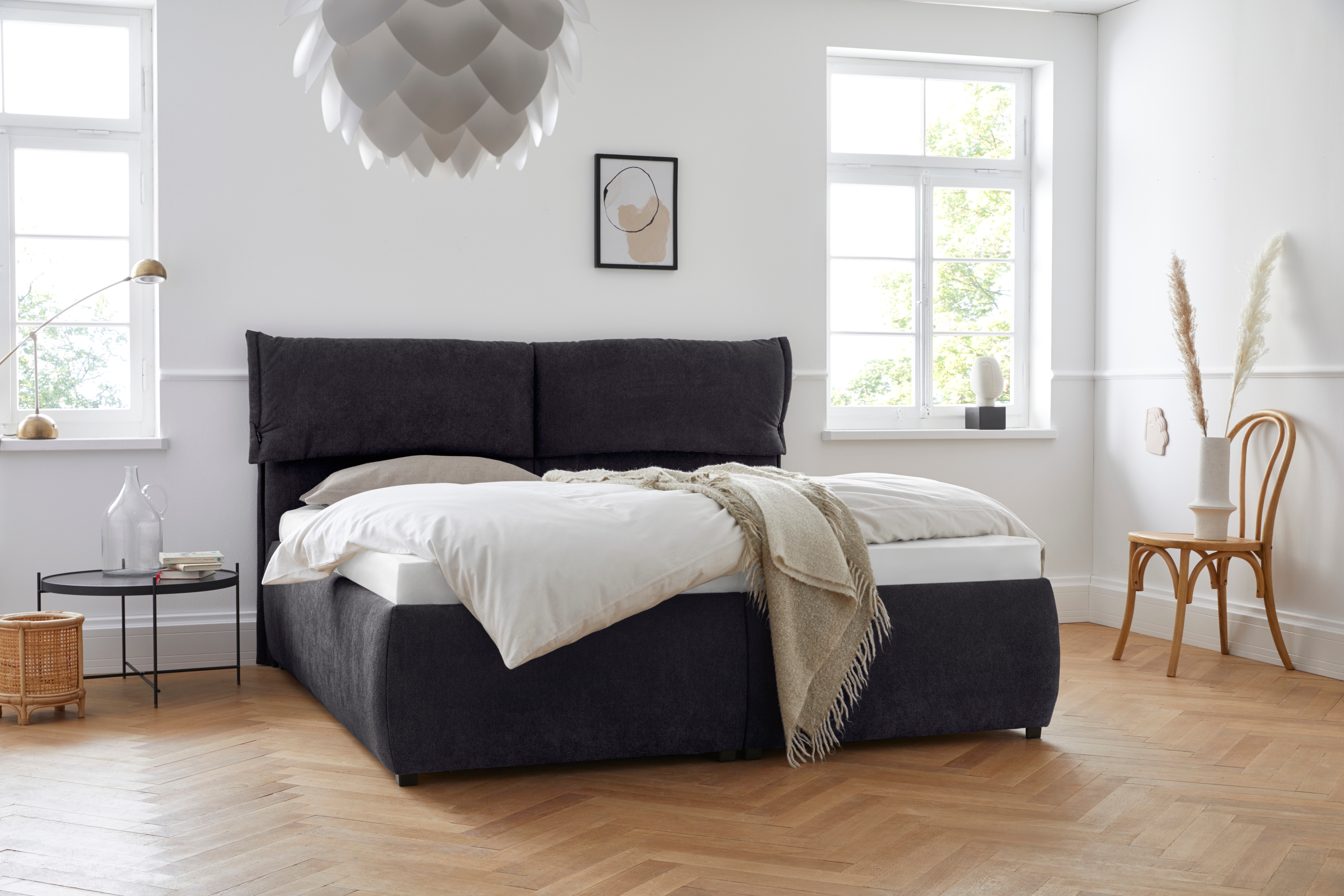 Polsterbett ANDAS "Jenson", grau (anthrazit), B:208cm L:225cm, Struktur weich (85% Polyester/15% Nylon), Betten, als Bettgestell oder mit 3 Matratzenarten und Härtegraden Image