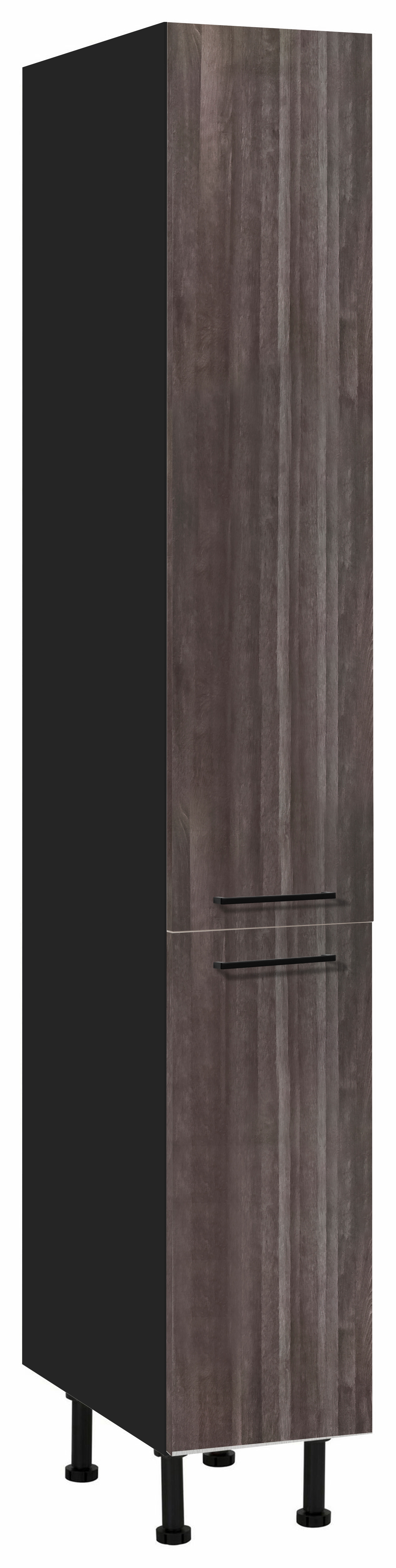 Apothekerschrank WIHO KÜCHEN "Nisos", braun (front: aberdeen dunkel, korpus: schwarz), B:30cm H:210cm T:58cm, Schränke, Apothekerschrank, 30 cm breit, Soft-Close in Schubladen, verstellbare Füße, ohne Platte