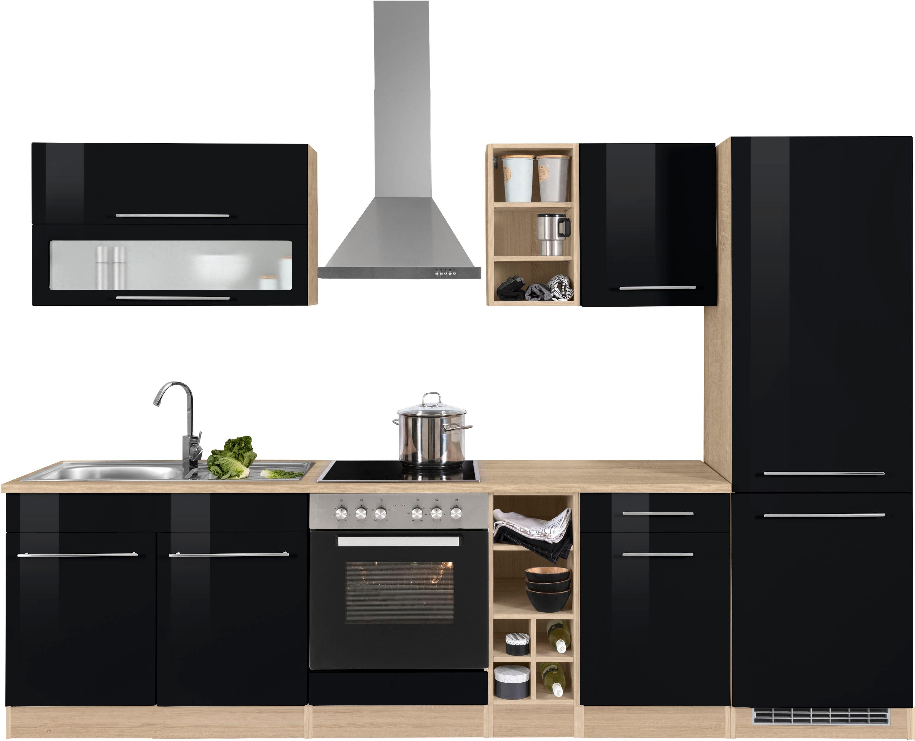 Küchenzeile KOCHSTATION "KS-Eton", schwarz (küche: schwarz, korpus: eichefarben, arbeitsplatte: eichefarben), B:300cm T:60cm, Komplettküchen-Sets, ohne E-Geräte, Breite 300 cm Image