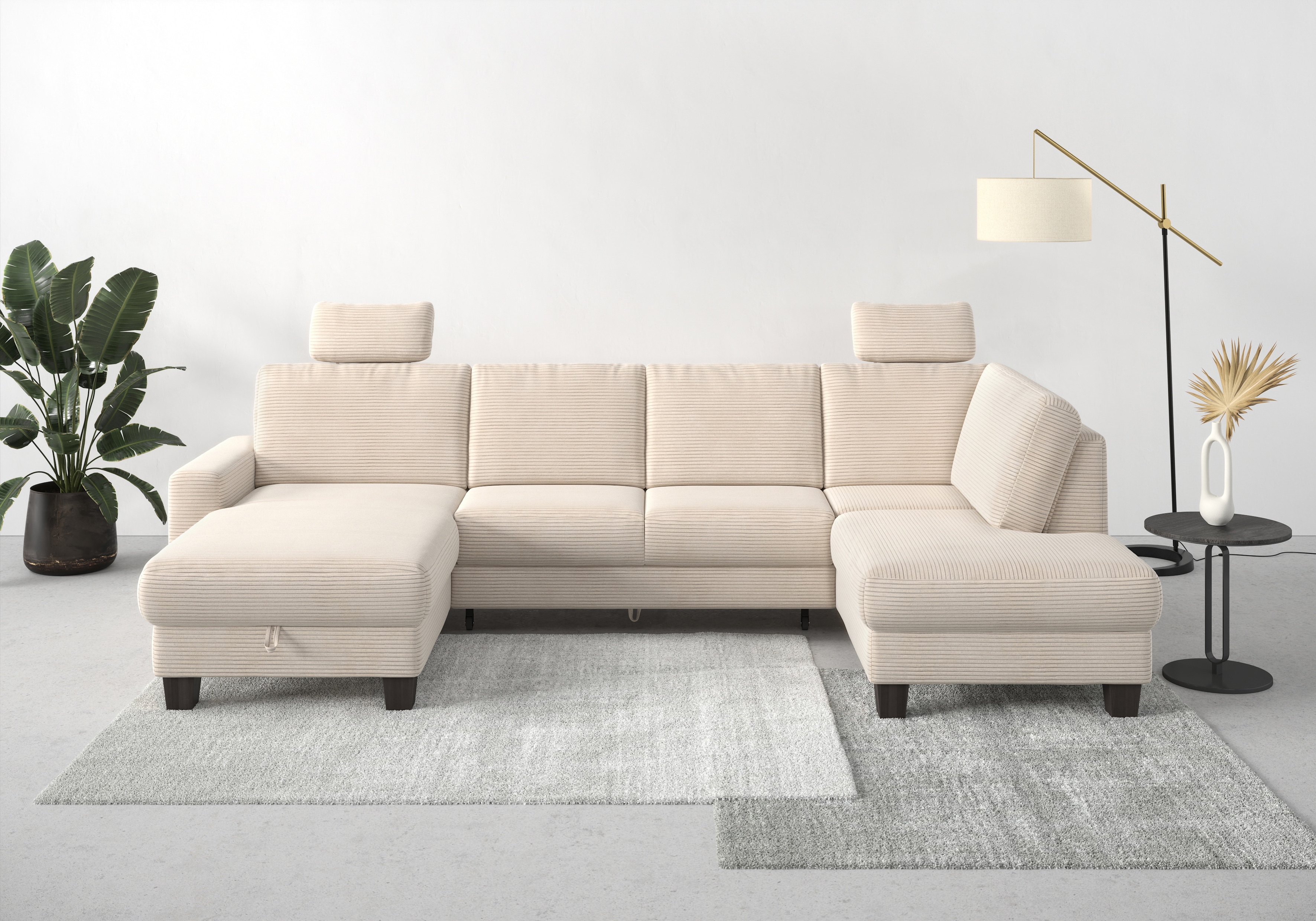 Wohnlandschaft HOME AFFAIRE "Summer U-Form", beige (creme), B:314cm H:91cm T:170cm, 100% Polyester, Sofas, Wohnlandschaft, mit oder ohne Bettfunktion und Bettkasten, wengefarbene Holzfüße Image