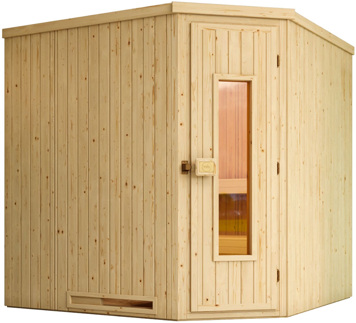 Sauna WEKA "Element-Ecksauna VARBERG 3", beige (natur), Saunaofen, externe Steuerung, 7,5 kW, Saunen, vorgefertigte Elemente, isolierte Holztür