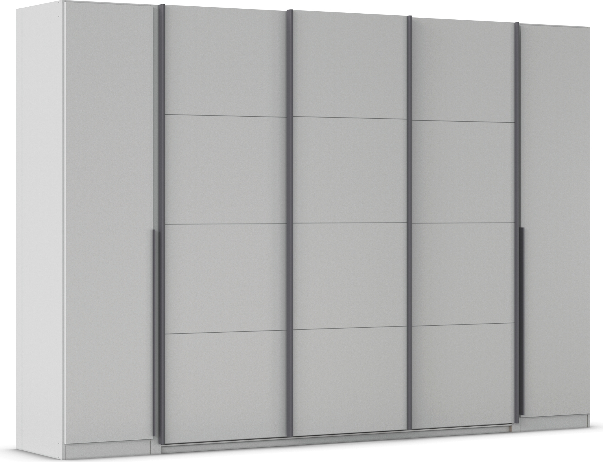 Schwebetürenschrank RAUCH "Dreh-/Schwebetürenschrank Kleiderschrank Familie, OTTOs Choice Agordo", grau (seidengrau), B:301cm H:210cm T:62cm, Holzwerkstoff, Schränke, Schwebetürenschrank, durchdachte Innenausstattung, in zwei Griff-Farben MADE IN...