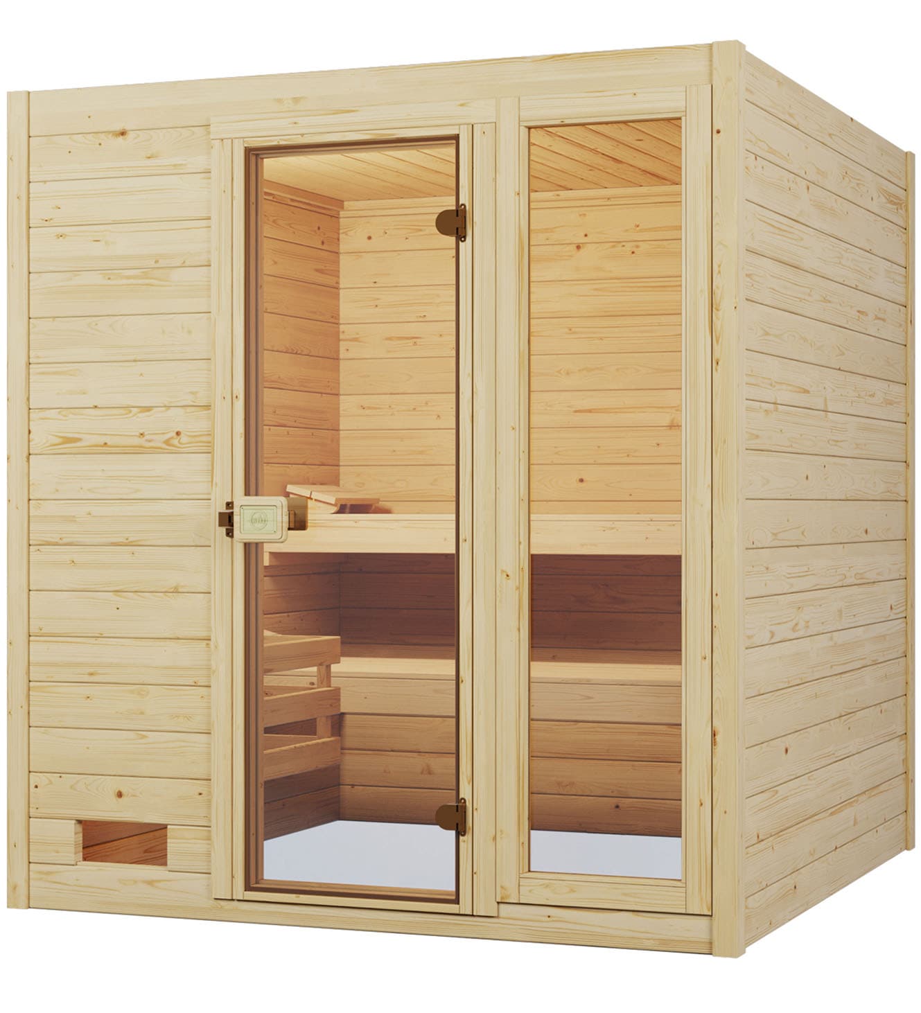 Sauna WEKA "Massivholzsauna VALIDA 3", beige (natur), Saunaofen, externe Steuerung, 7,5 kW, Saunen, Blockbohlen, Fensterelement, moderne Ganzglastür
