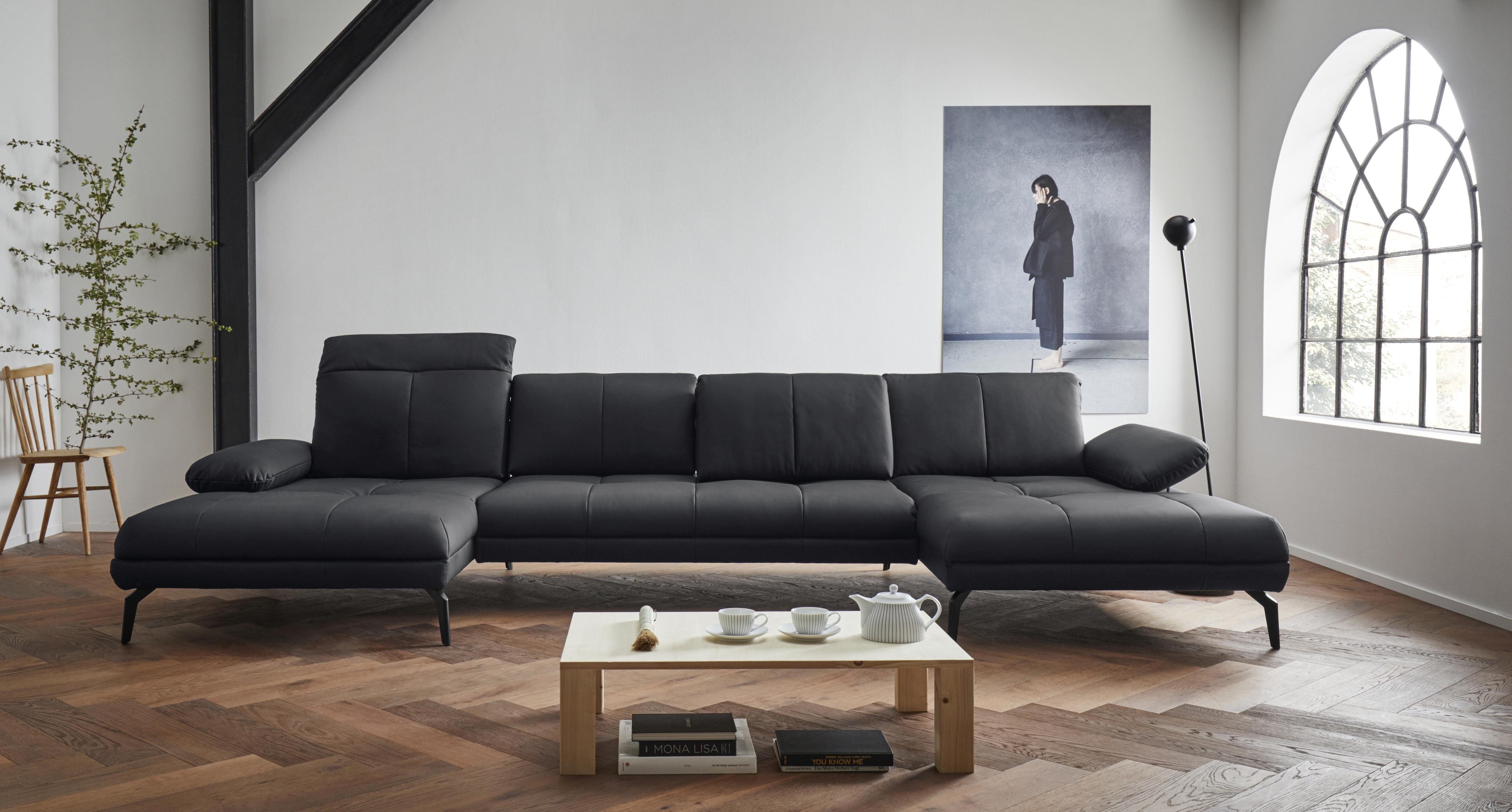 Wohnlandschaft HOME AFFAIRE "Stenlille Multifunktions-Sofa, U-Form", schwarz, B:374cm H:83cm T:162cm, Struktur weich (100% Polyester);Struktur grob (100% Polyester);100% NaturLEDER, Sofas, Wohnlandschaft, incl. Sitztiefen-, Kopfteil- und...