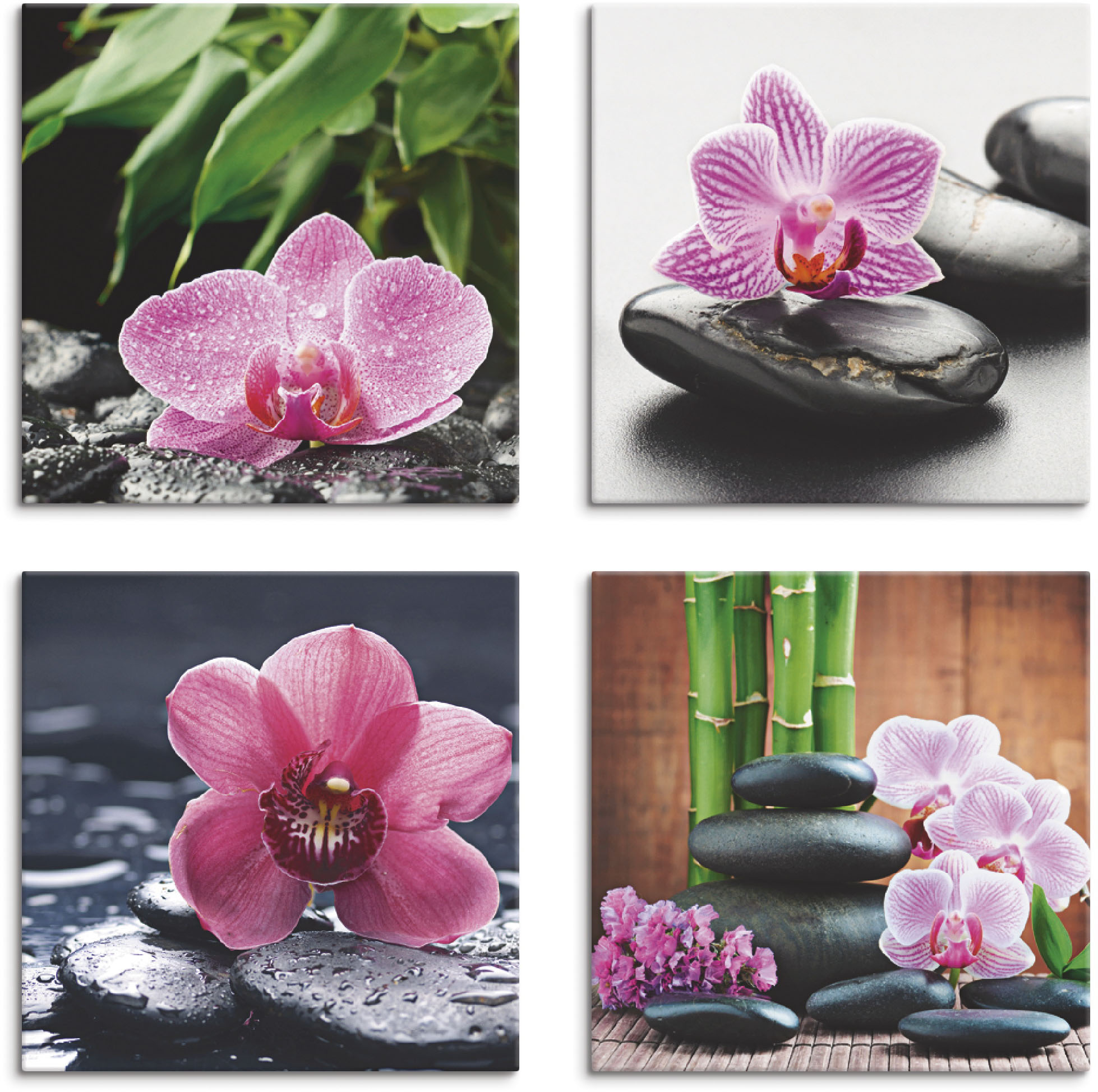 Leinwandbild ARTLAND "Orchidee Zenstein Tropfen Spa Konzept", pink (farbe bild(er): pink), B:30cm H:30cm, Leinwand, MDF, Bilder, 4er Set, verschiedene Größen