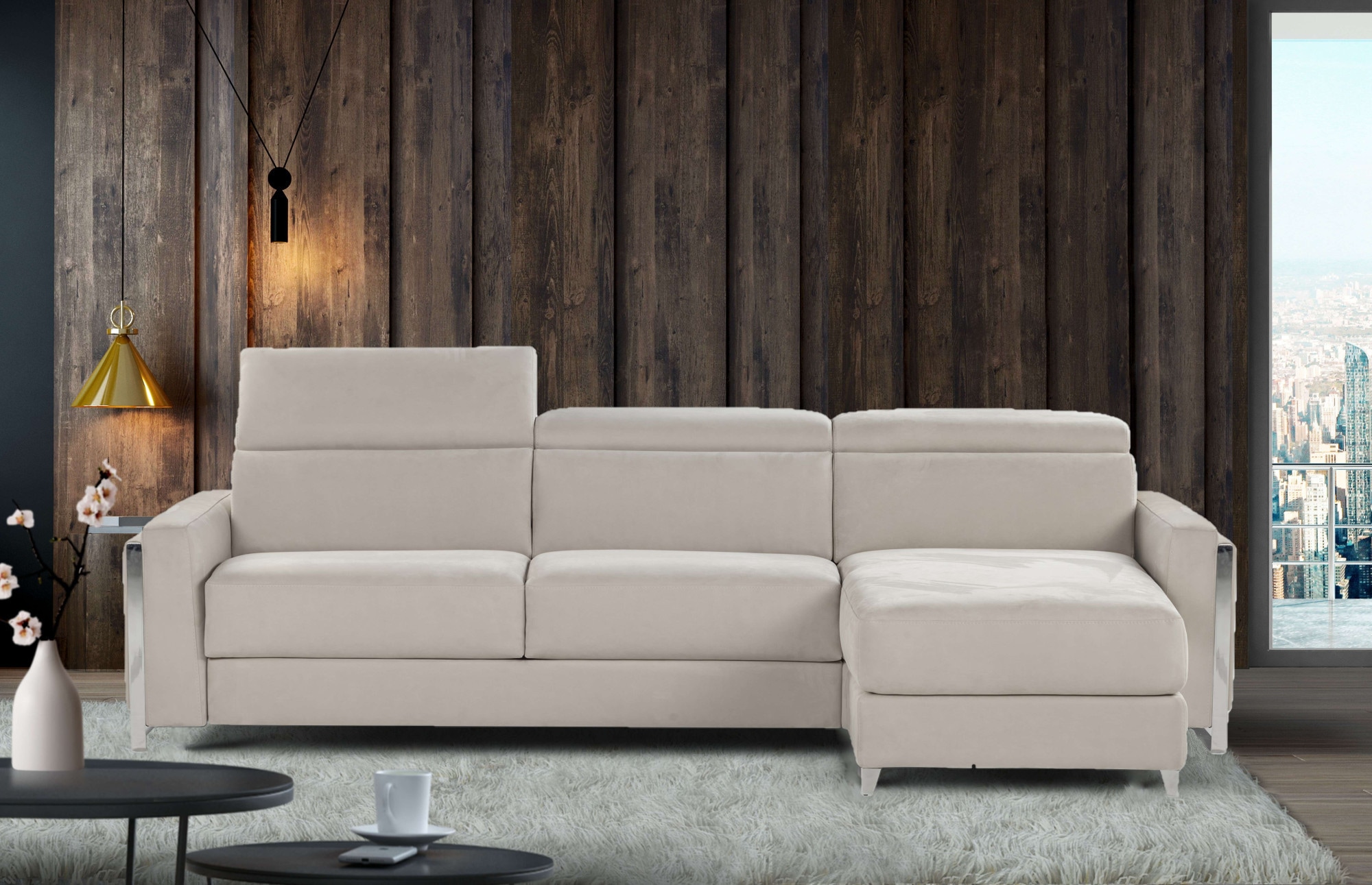 Polsterecke CALIA ITALIA "ECLETTICO, Ecksofa, Stellmaße 288/163 cm, L-Form,Metall Kufen Füße", beige (cream), B:288cm H:83cm T:163cm, 100% Polyester, Sofas, wahlweise links oder rechts bestellbar,inklusiv Kopfteilverstellung