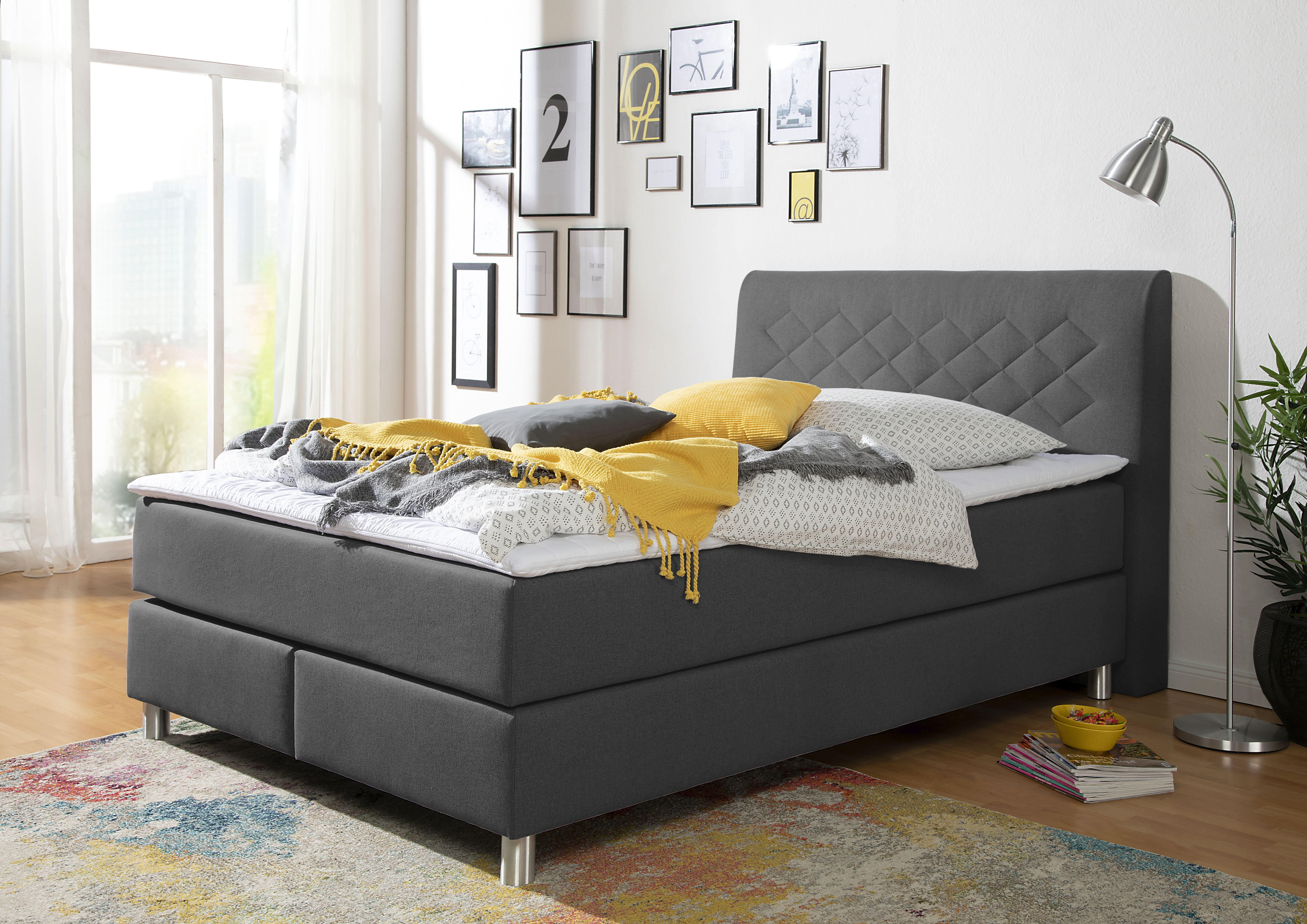 Boxspringbett INOSIGN "Parla", grau (anthrazit), L:218cm, 100% Polyester, Komplettbetten, Boxspringbett, incl. Topper, 4 Farben in 4 Breiten, 2 Härtegraden, 3 Matratzenarten
