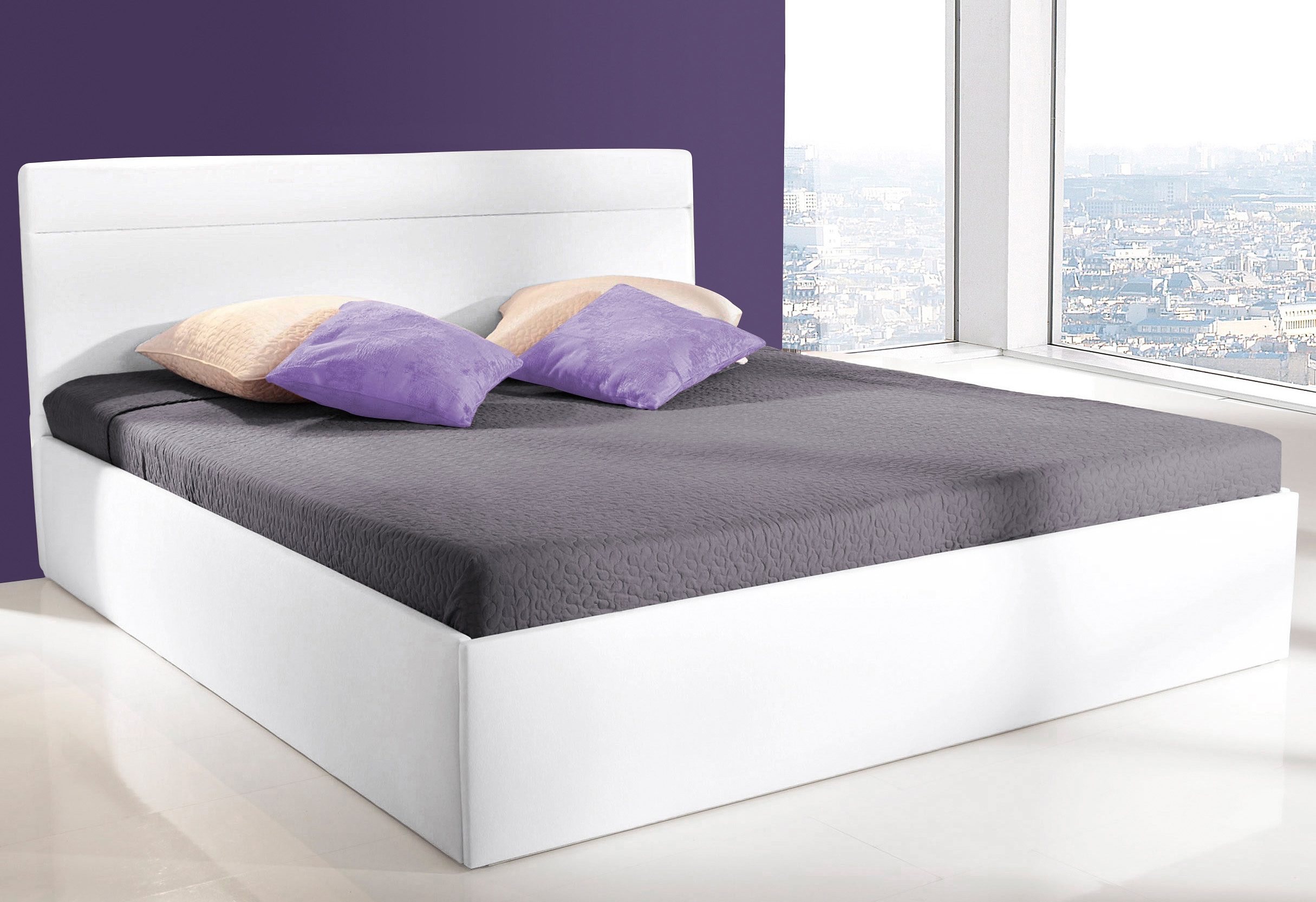 Polsterbett, weiß, B:187cm L:210cm, Bezug Bett: Microfaser (100% Polyester);Bonnell-Federkernmatratze: Mischgewebe (51% Polyprophlen, 39% Polyester, 10% Baumwolle);Kaltschaummatratze: Frottee (100% Polyester), Bezug abnehm- und waschbar bis 60C,... Image