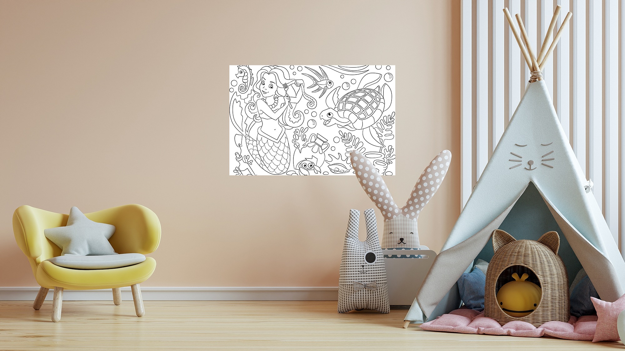 Wandsticker QUEENCE "Meerjungfrauen Unterwasserwelt", weiß, B:90cm H:60cm, Vinyl, Wandtattoos, DIY-Wandsticker zum Bemalen