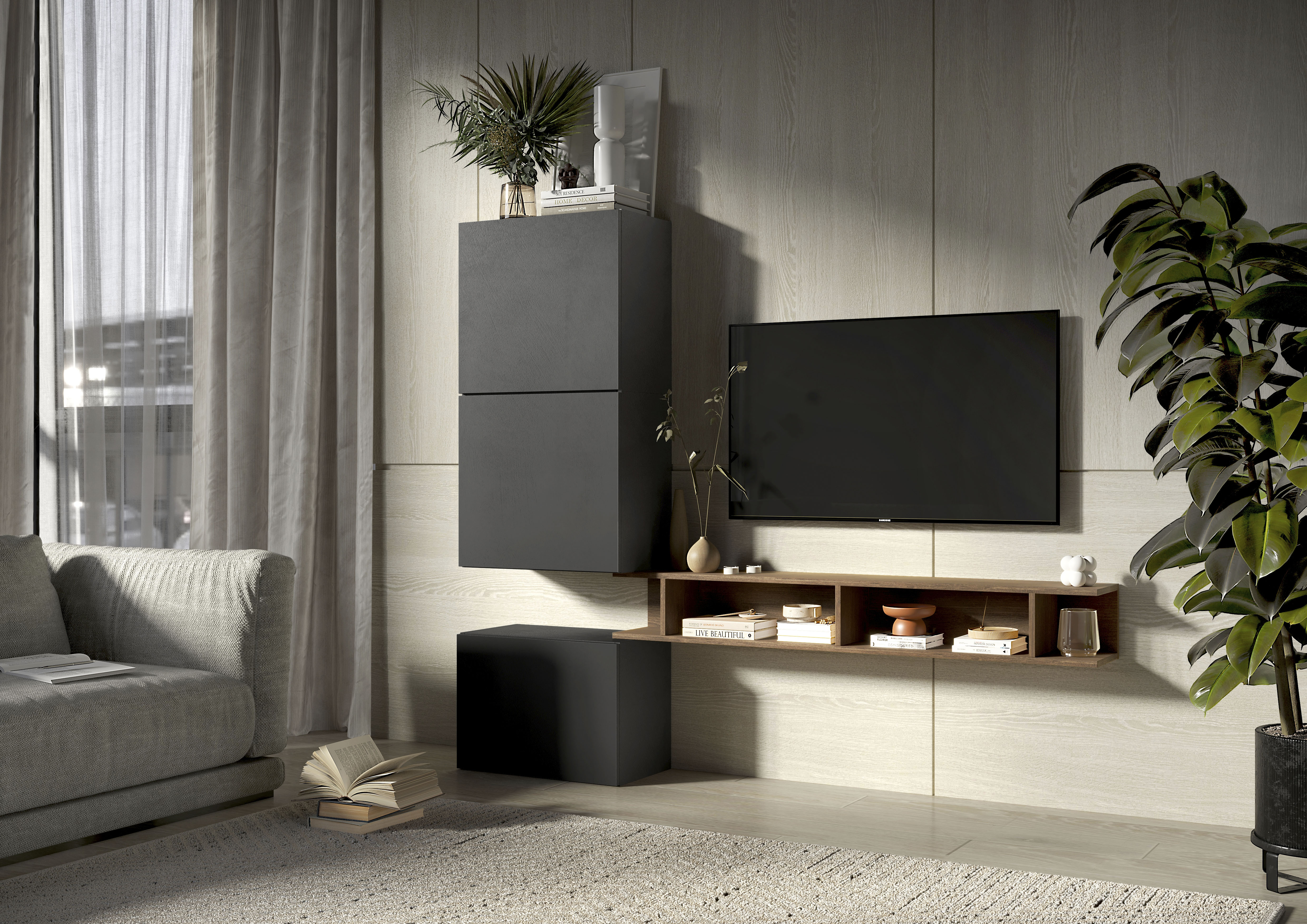 Wohnwand INOSIGN "Infinity, 4tlg. Breite 180 cm, Höhe variabel, Wohnwand", schwarz (lava, mercure nb holzstruktur), B:180cm H:160cm T:30cm, Kastenmöbel-Sets, Wohnwand, (TV-Wandregal, 2x Hängewürfel, Würfel-Element bodenstehend )