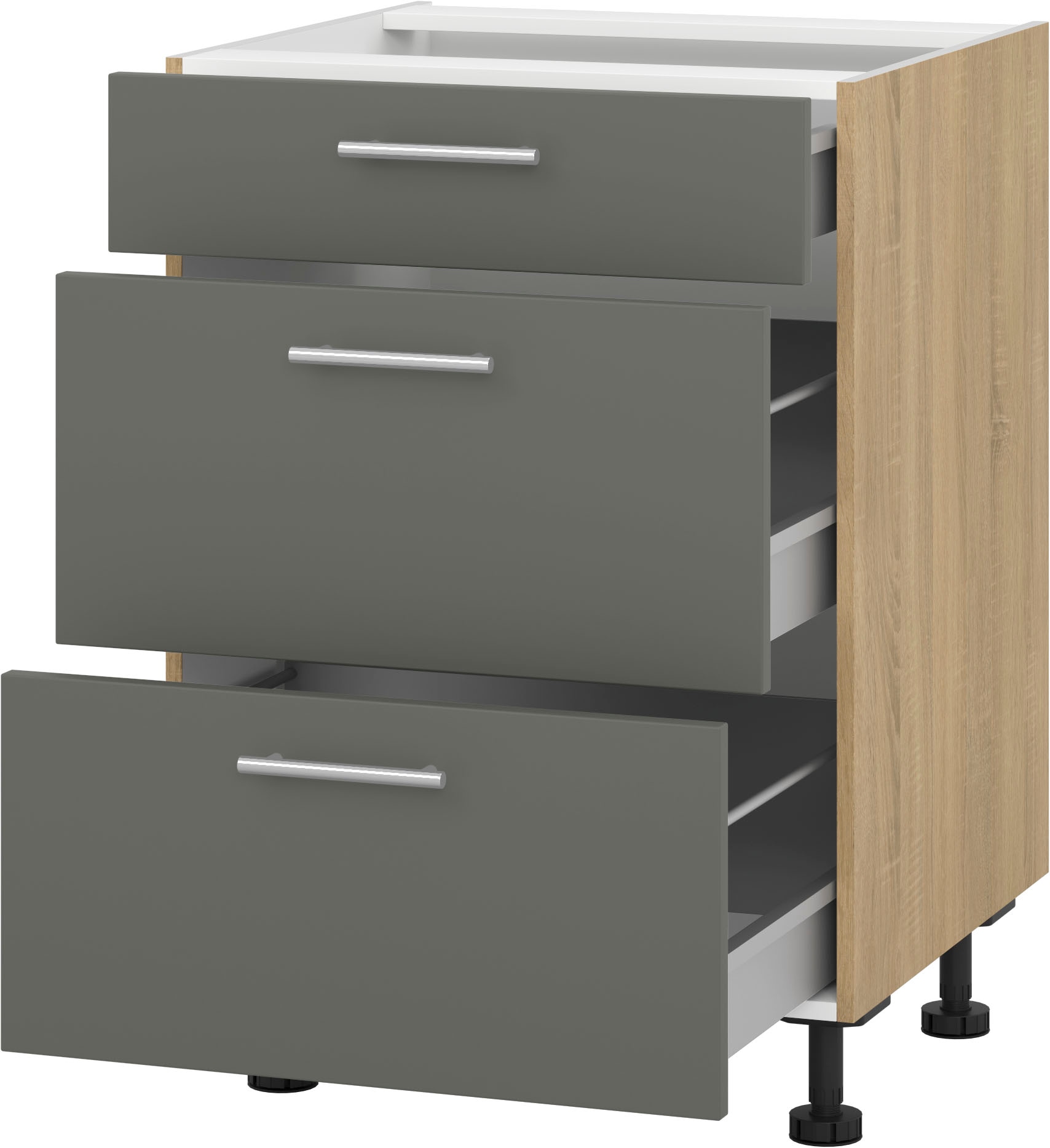 Herdumbauschrank KOCHSTATION ""KS-Scafa"", grau (anthrazit, bergeiche), B:60cm H:75cm T:56cm, Schränke, Herdumbauschrank, Breite 60 cm, mit zwei Auszügen und einem Schubkasten