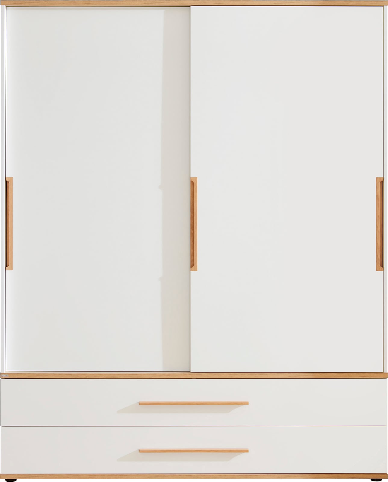 Kleiderschrank PAIDI "YOLANDA in Weiß mit Eiche-Dekor, 2 Schiebetüren und 2 Schubladen", weiß (kreideweiß, eiche, montana), B:164cm H:206,8cm T:62cm, Schränke, Kleiderschrank, inkl. Kleiderstangen und Einlegeböden, Massivholz-Griffe, Soft-Close