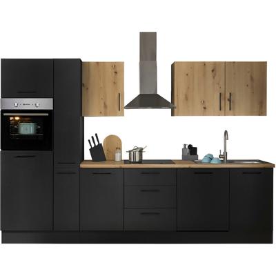 Küchenzeile BASIC BY BALCULINA "Turin", schwarz (front: schwarz matt woodprint, artisan eichefarben, korpus: schwarz matt woodprint, arbeitsplatte: artisan eichefarben), B:310cm H:211cm T:60cm, Komplettküchen-Sets, Küchenzeile, Breite 310 cm,... Image
